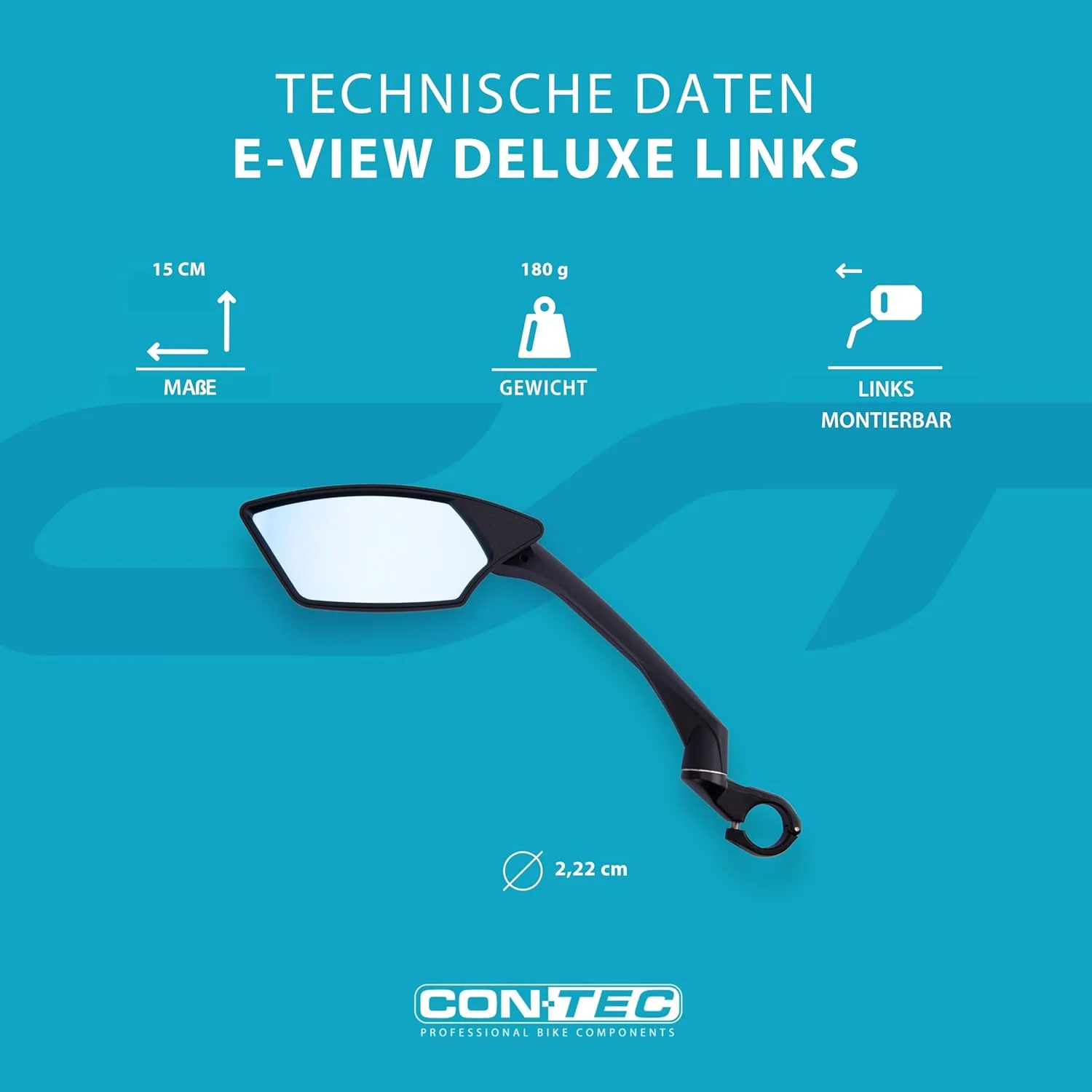 آینه دوچرخه کانکت مدل E-View Deluxe، مشکی، ضد انعکاس نور، پلاستیکی، قابل تنظیم، لنز Dazz، مناسب فرمان 22.2 میلی‌متری، زاویه دید گسترده، مناسب دوچرخه‌های برقی، سمت چپ