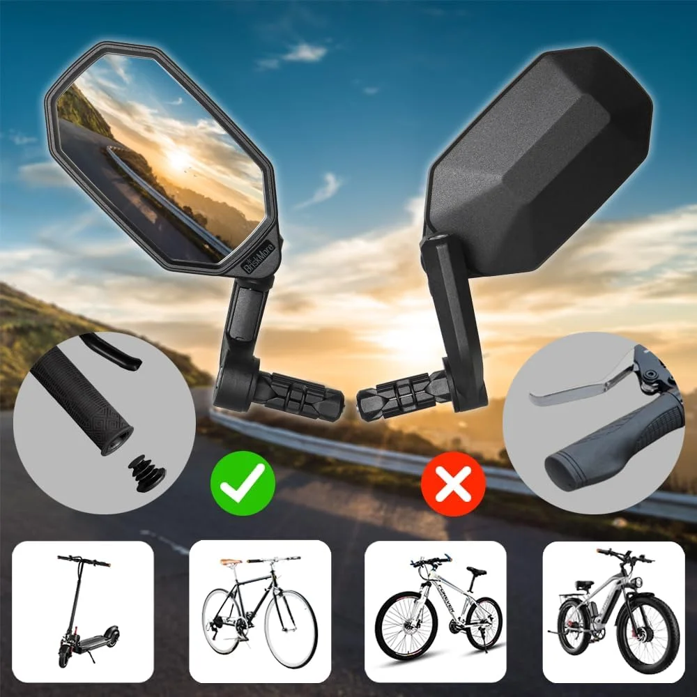 آینه های دوچرخه نصب شده در انتهای فرمان، لنز شیشه ای محدب با کیفیت بالا برای فرمان دوچرخه های برقی، مقاوم در برابر خراش، دید عقب ایمن، یک جفت آینه دوچرخه مدل BT-022 (سمت راست و چپ)