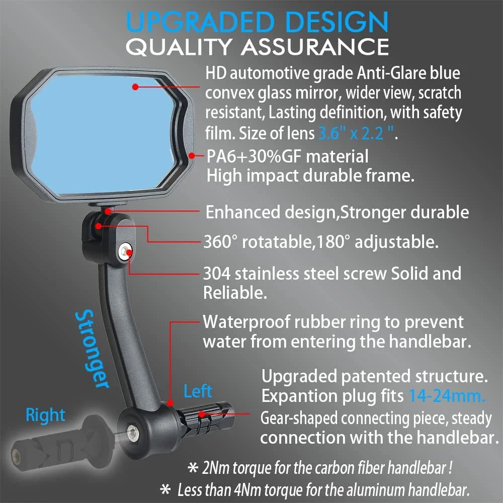 آینه های دوچرخه نصب شونده در انتهای دسته، لنز شیشه ای محدب آبی با کیفیت بالا برای دسته های دوچرخه برقی، مقاوم در برابر خش، دید عقب ایمن، یک جفت آینه دوچرخه (سمت راست و چپ) BT-015B