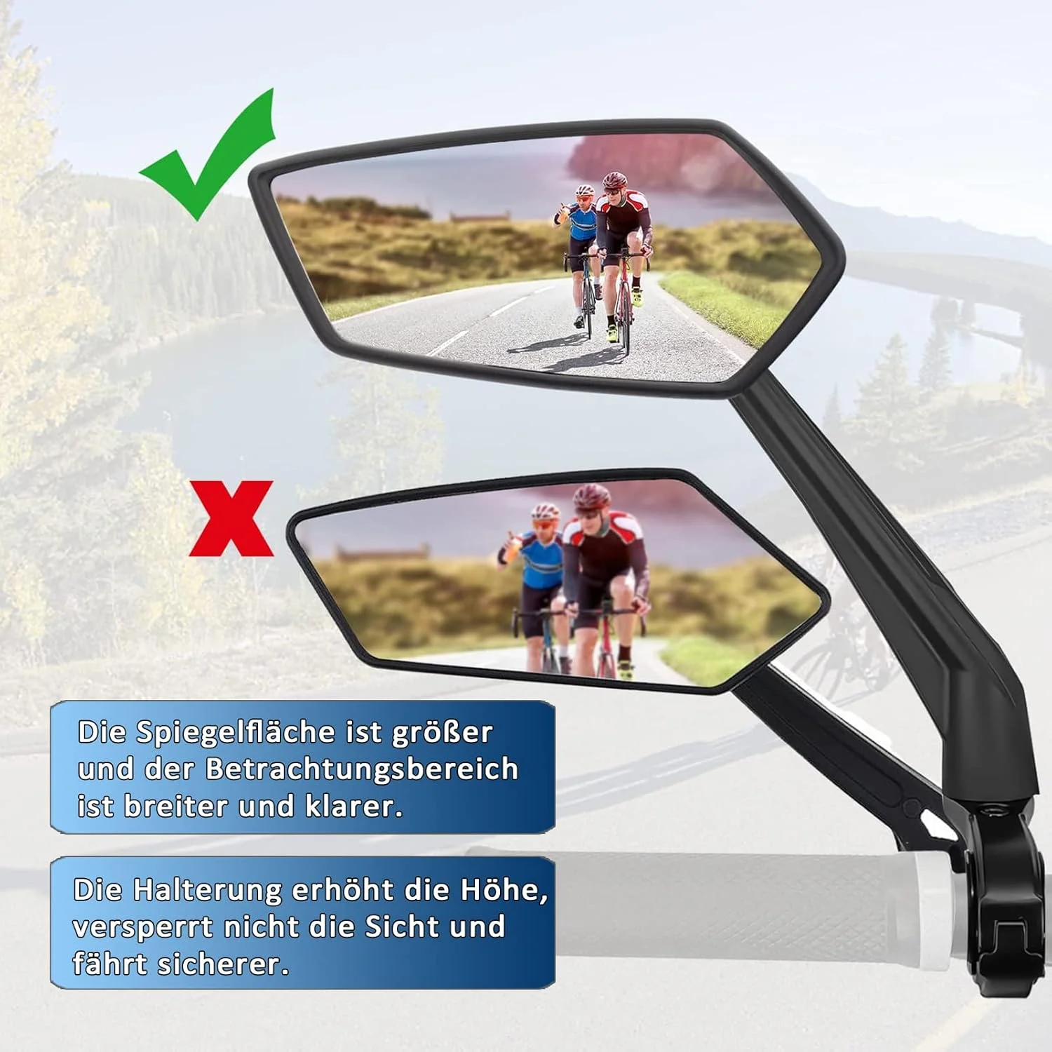 آینه دوچرخه با سطح آینه بسیار بزرگ، 2 عدد آینه دید عقب 360 درجه برای دوچرخه برقی، آینه دوچرخه برای فرمان، دوچرخه برقی، دوچرخه کوهستان، MTB (چپ + راست)