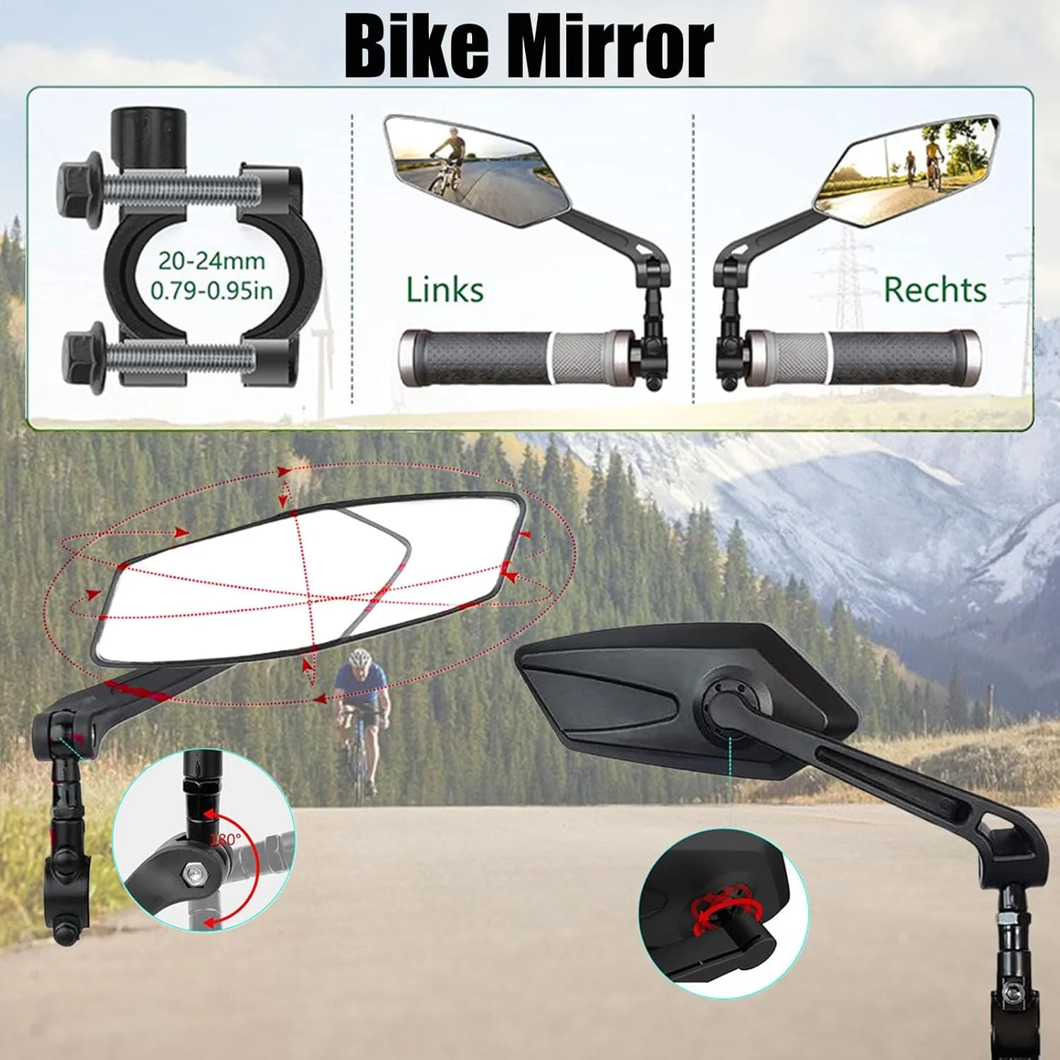 آینه دوچرخه، آینه دید عقب تاشو و چرخان 360 درجه، 1 جفت آینه دوچرخه بزرگ اکسترا، آینه برای دوچرخه، شیشه واقعی مقاوم در برابر ضربه، 22-24 میلی متر
