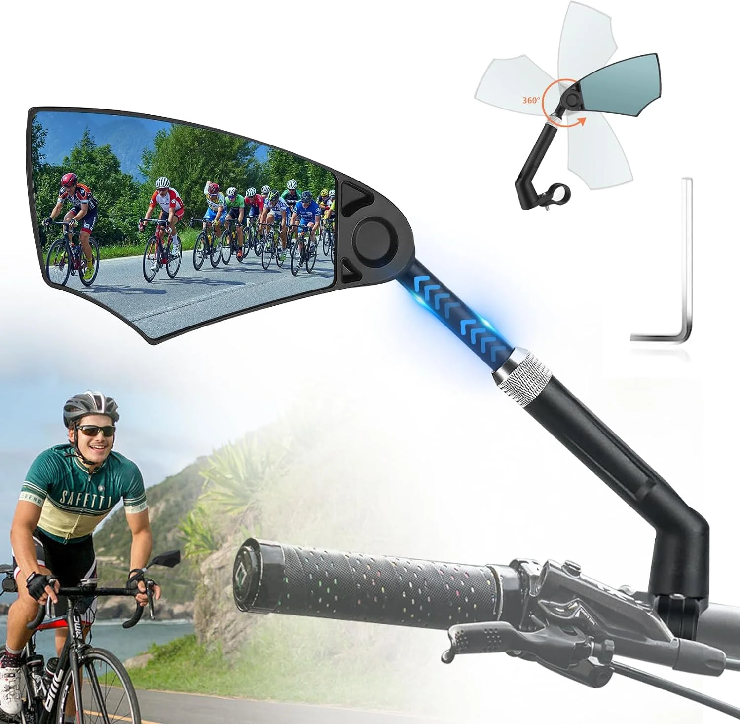 آینه دوچرخه، آینه دید عقب کششی، آینه دوچرخه با قابلیت چرخش 360 درجه برای دوچرخه های جاده ای، دوچرخه کوهستانی، اسکوتر برقی، دوچرخه برقی، آینه دوچرخه برای فرمان، 20-23 میلی متر، شیشه نور آبی، تابش خیره کننده کم (چپ)