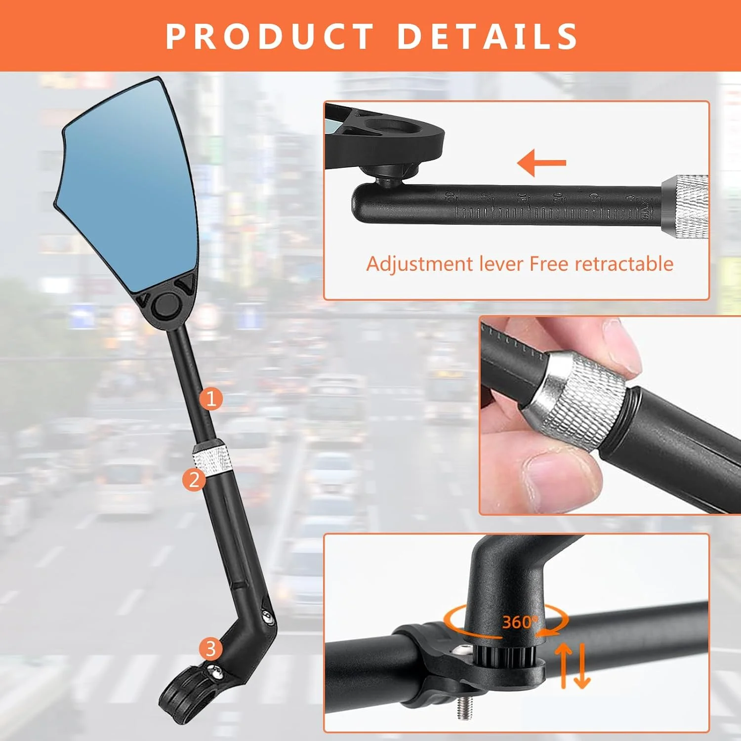 آینه دوچرخه، آینه دید عقب کششی، آینه دوچرخه با قابلیت چرخش 360 درجه برای دوچرخه های جاده ای، دوچرخه کوهستانی، اسکوتر برقی، دوچرخه برقی، آینه دوچرخه برای فرمان، 20-23 میلی متر، شیشه نور آبی، تابش خیره کننده کم (چپ)