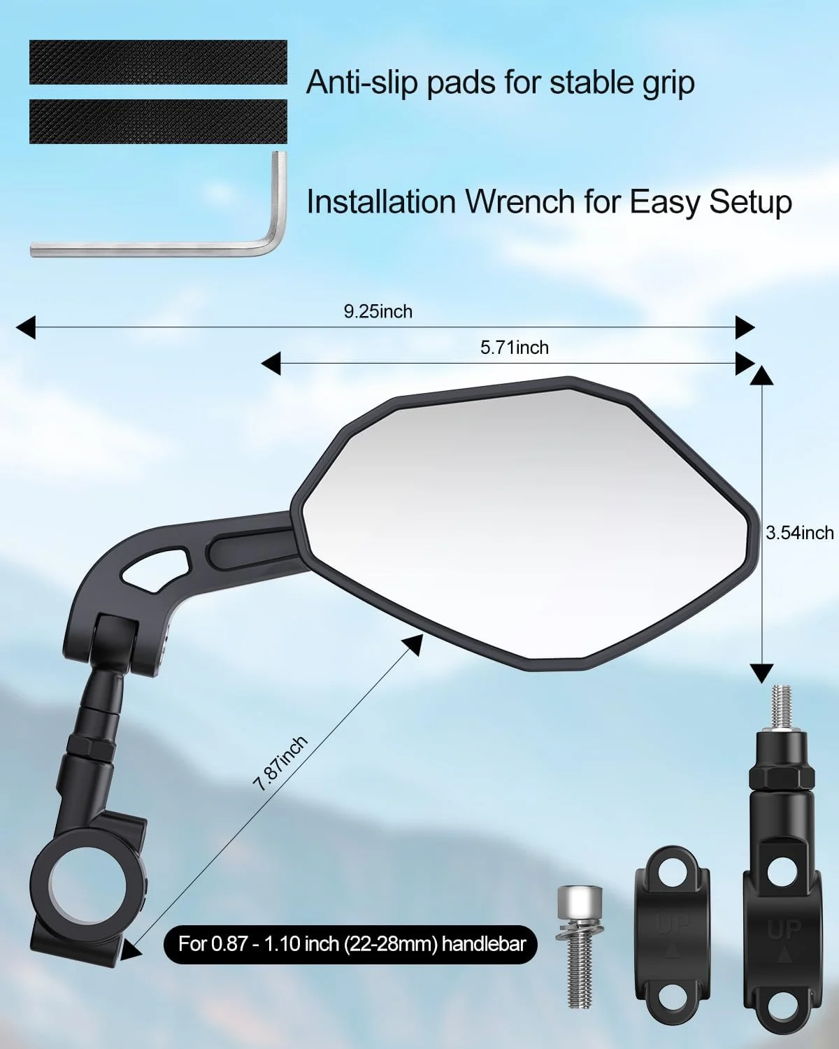 آینه دوچرخه فرمان قابل تنظیم - پدهای ضد لغزش و آچار نصب، شیشه ضد خرد شدن HD با قابلیت چرخش 360 درجه، مناسب برای دوچرخه های کوهستانی/برقی/جاده ای (1 جفت)