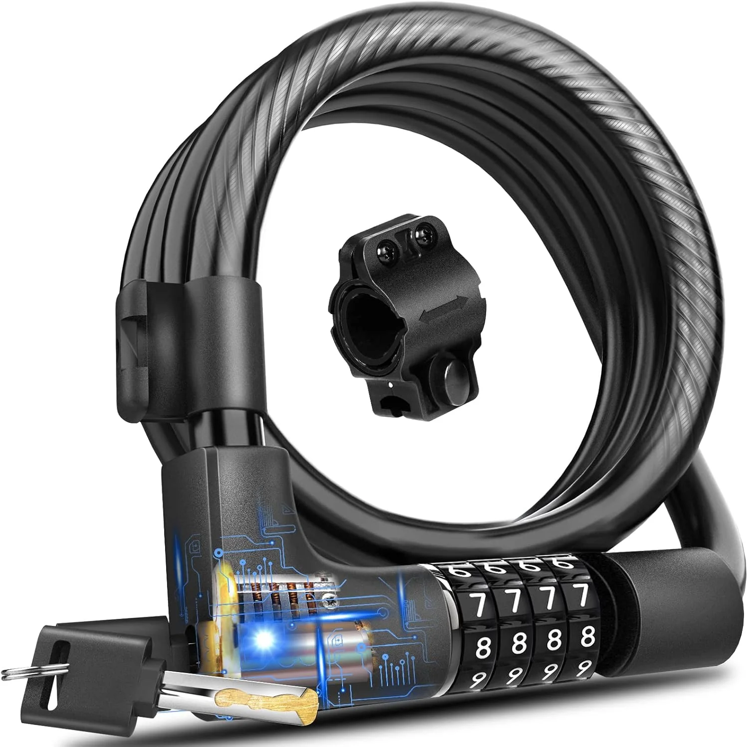 قفل کابلی دوچرخه با رمز عبور و کلید، قفل ضد سرقت دوچرخه با قابلیت بازیابی رمز عبور گم شده، قفل ترکیبی فنری و ایمن با براکت نصب برای دوچرخه و اسکوتر (12 میلی متر)