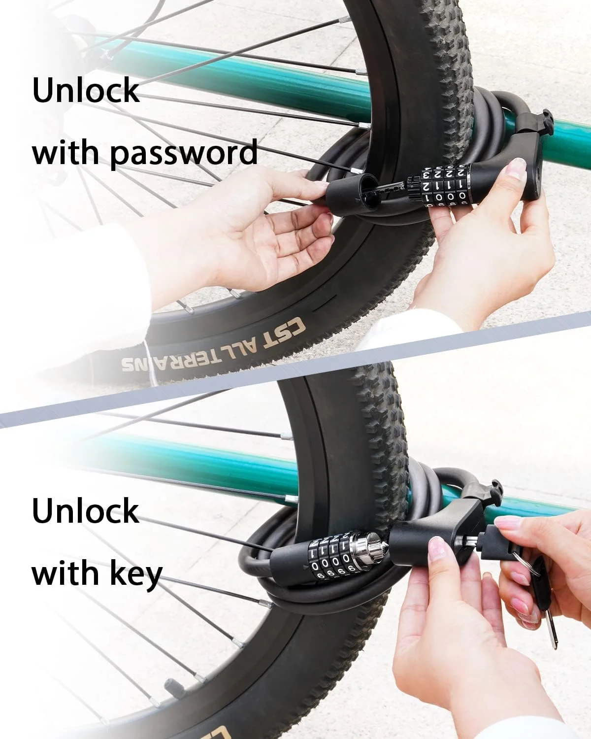 قفل کابلی دوچرخه با رمز عبور و کلید، قفل ضد سرقت دوچرخه با قابلیت بازیابی رمز عبور گم شده، قفل ترکیبی فنری و ایمن با براکت نصب برای دوچرخه و اسکوتر (12 میلی متر)