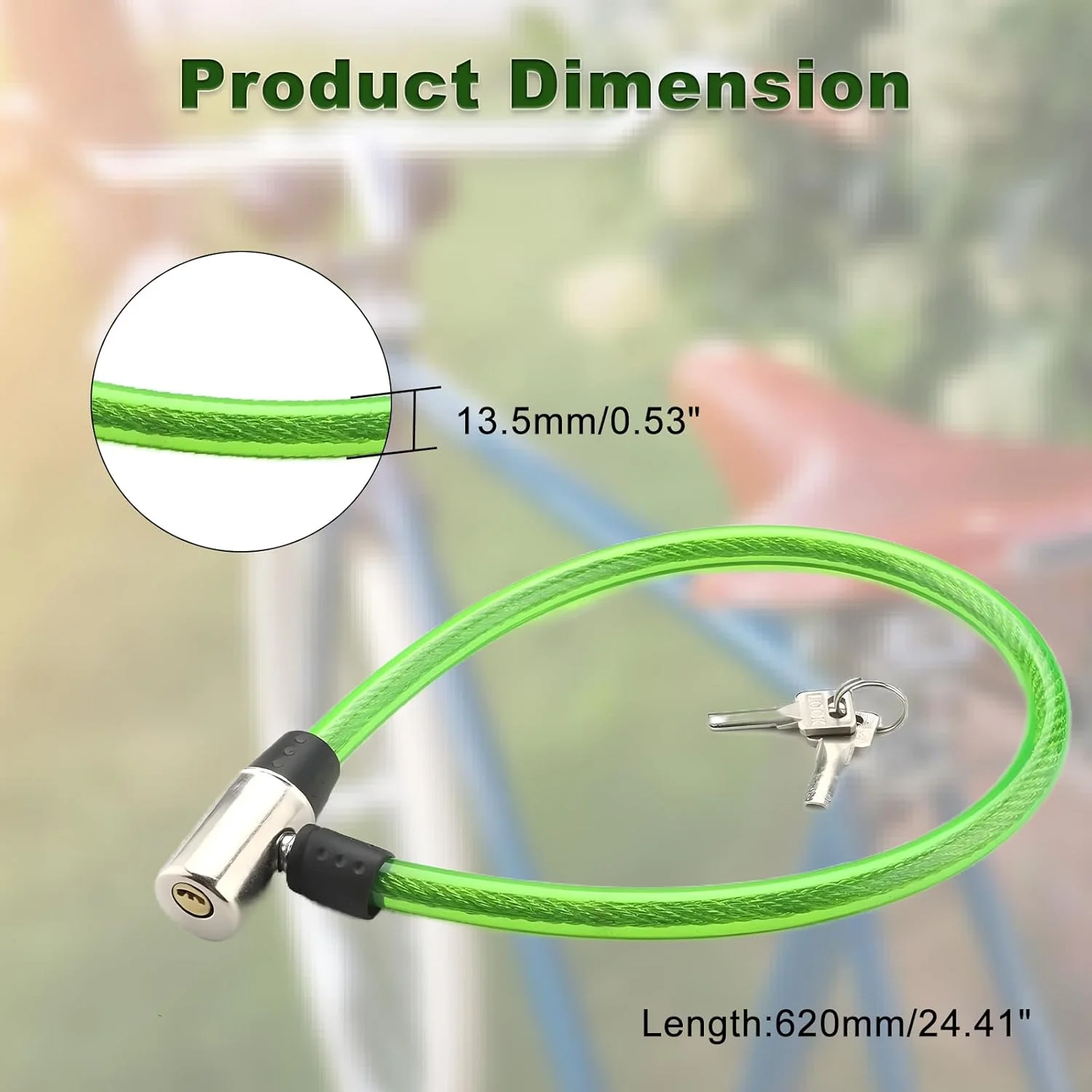 قفل دوچرخه ضد سرقت با کلید، قفل کابلی با امنیت بالا، قفل فنری دوچرخه، 2 کلید، سبز، 620x12 میلی متر
