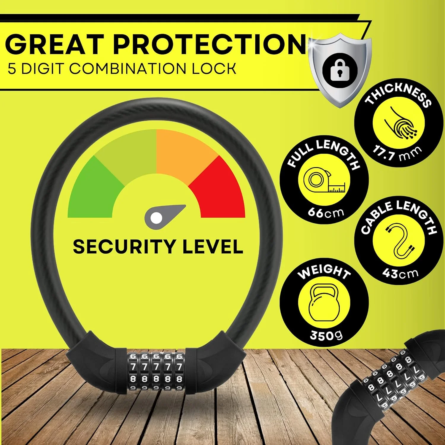 قفل دوچرخه سنگین - قفل کابلی 5 رقمی ترکیبی دوچرخه - قفل ضد آب موتور سیکلت - ایده آل برای دوچرخه، موتور سیکلت، اسکوتر، دوچرخه کوهستانی، کالسکه - شامل کیف محافظ (بسته 1 عددی)