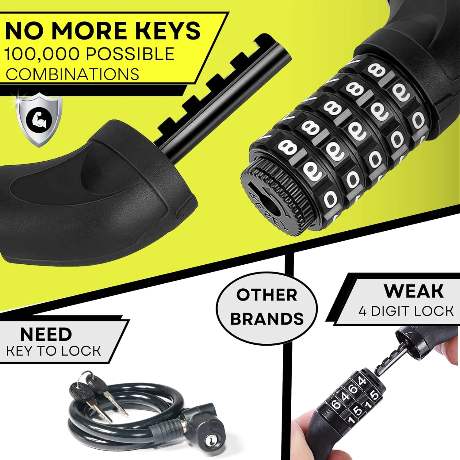 قفل دوچرخه سنگین - قفل کابلی 5 رقمی ترکیبی دوچرخه - قفل ضد آب موتور سیکلت - ایده آل برای دوچرخه، موتور سیکلت، اسکوتر، دوچرخه کوهستانی، کالسکه - شامل کیف محافظ (بسته 1 عددی)