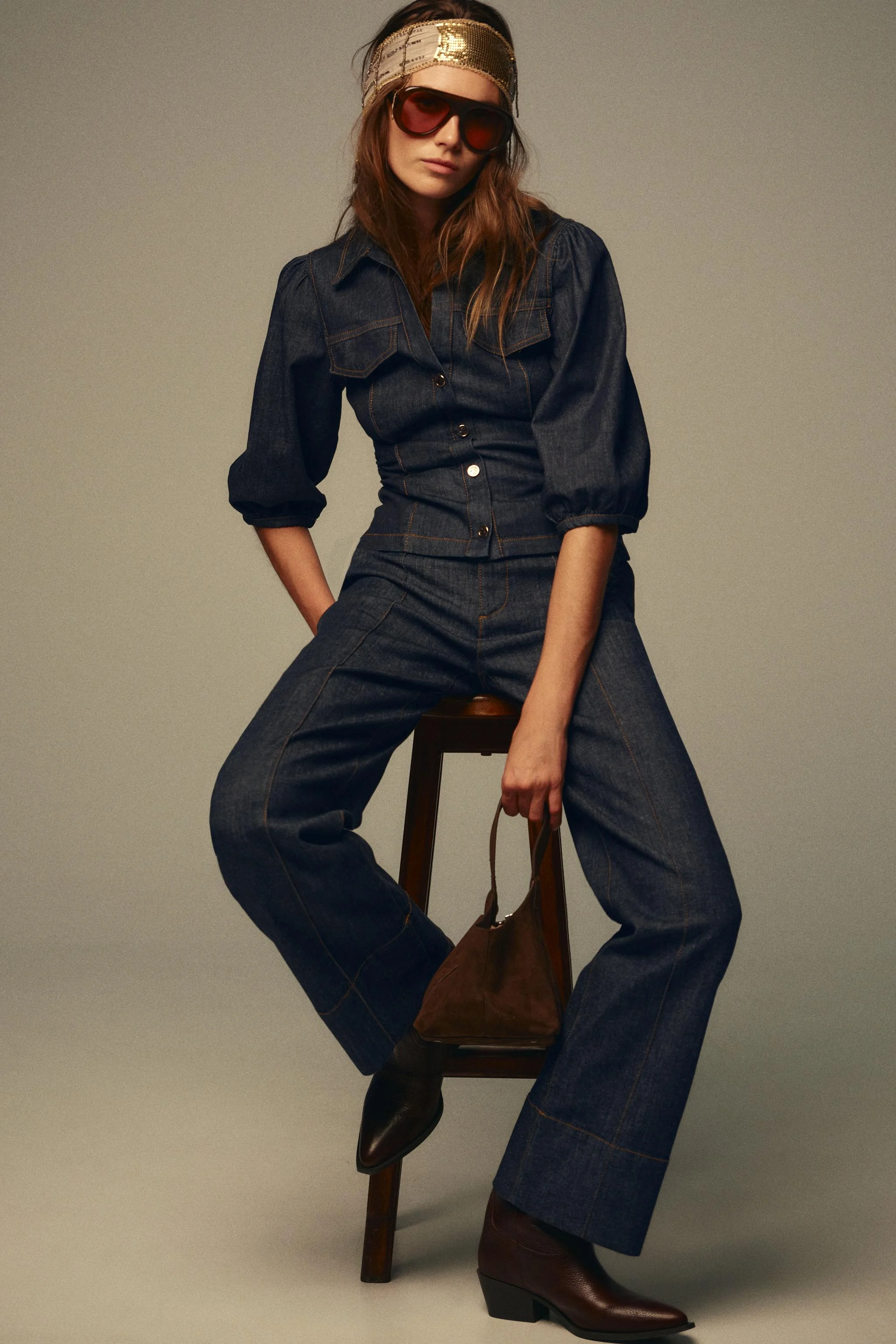 شومیز جین آستین پفی مدل Z1975