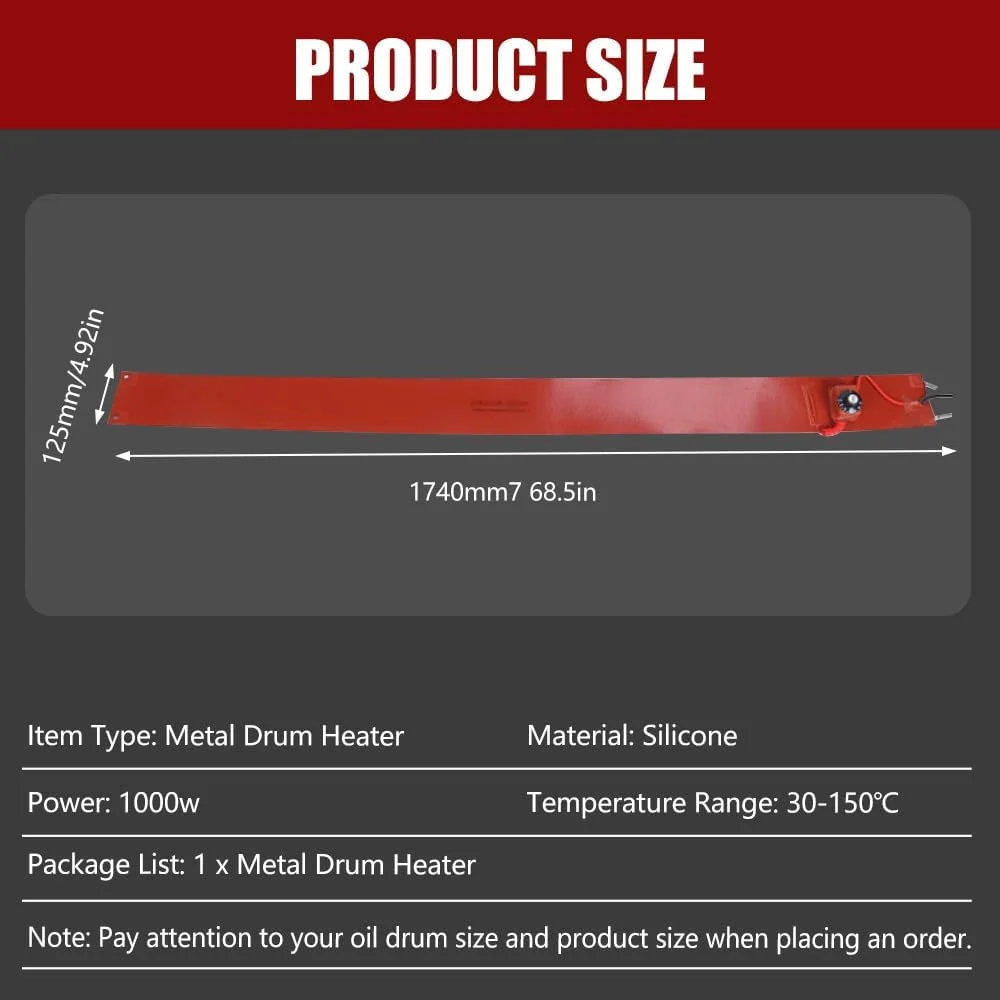 گرمکن بشکه فلزی - سیلیکونی 200 لیتری 1000 وات 30-150 درجه سانتیگراد 125mmx1740mm پد گرم کننده بشکه (دوشاخه UK)