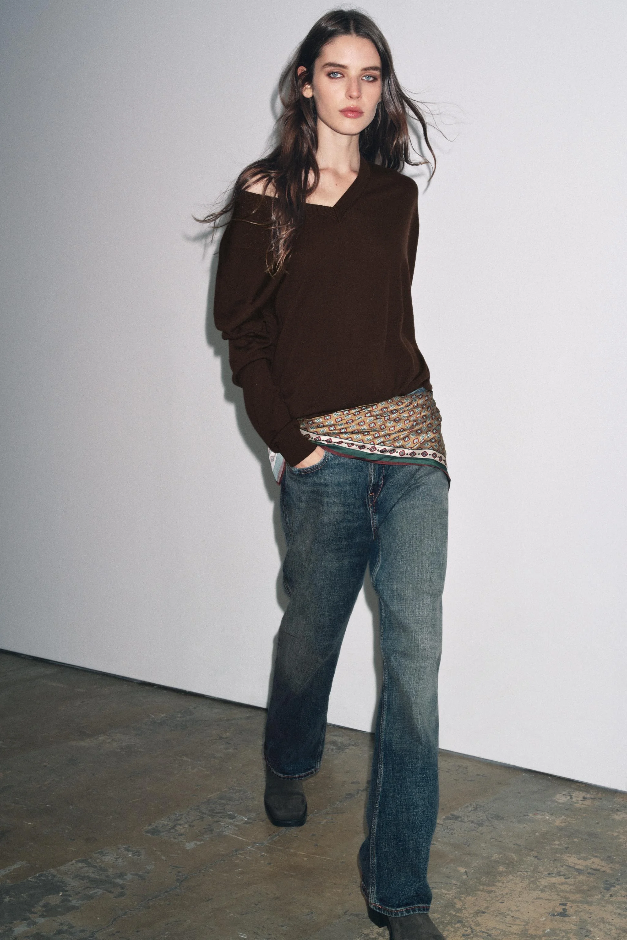 شلوار جین بگ ZW COLLECTION با جزئیات شال، کمر پایین