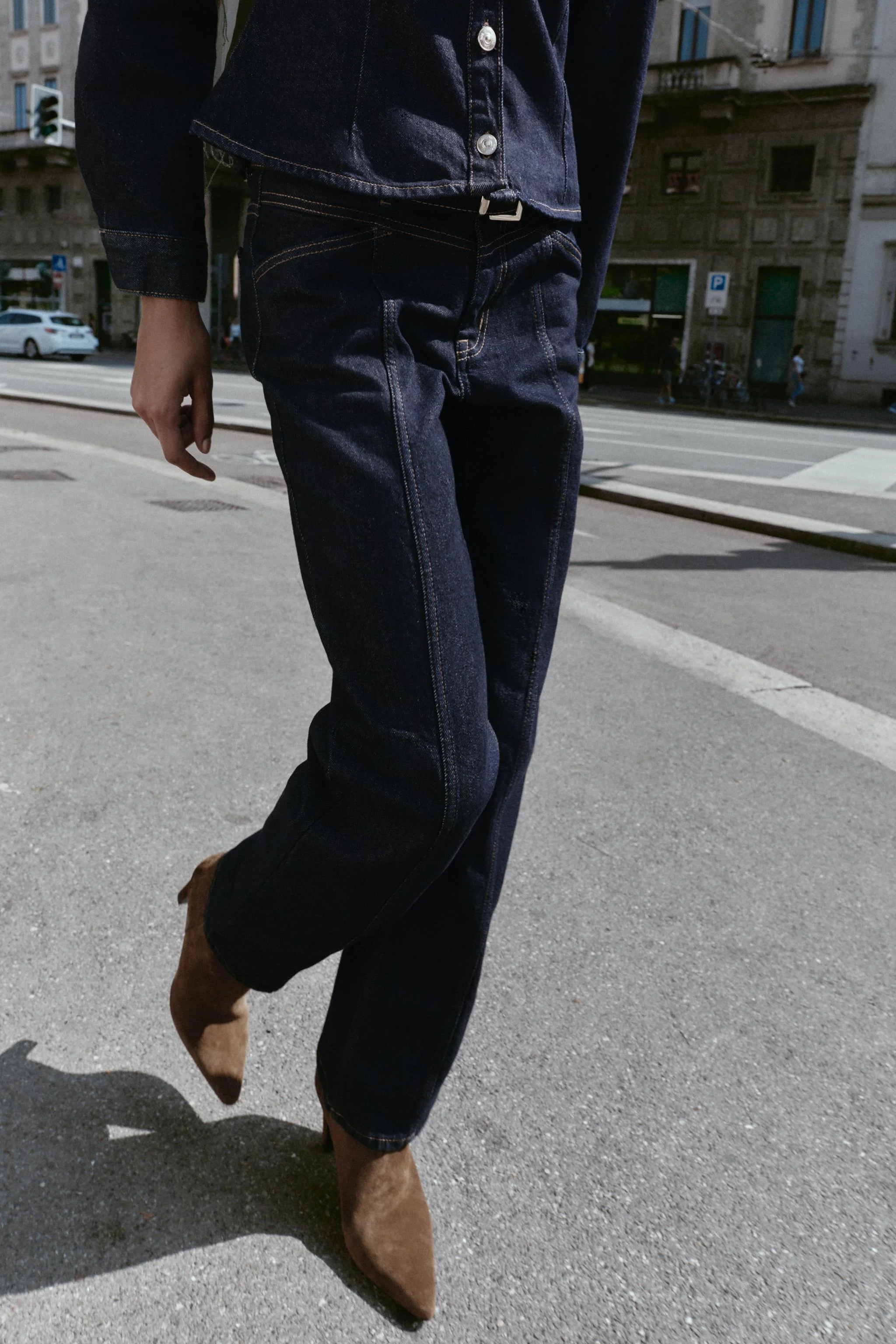 شلوار جین کمردار راسته اسلیم فاق متوسط