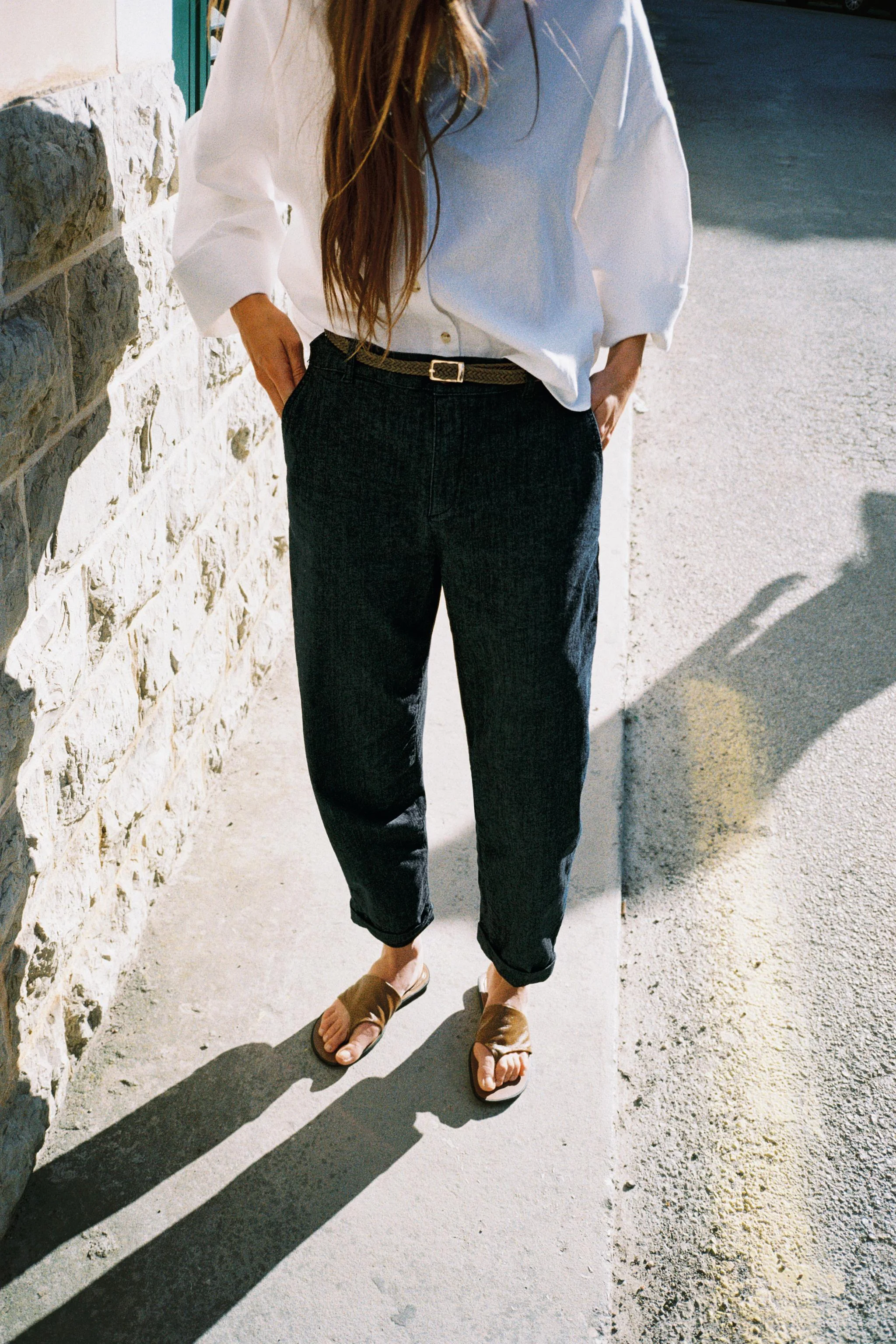 شلوار کتان دنیم با کمربند بافت مدل Z1975