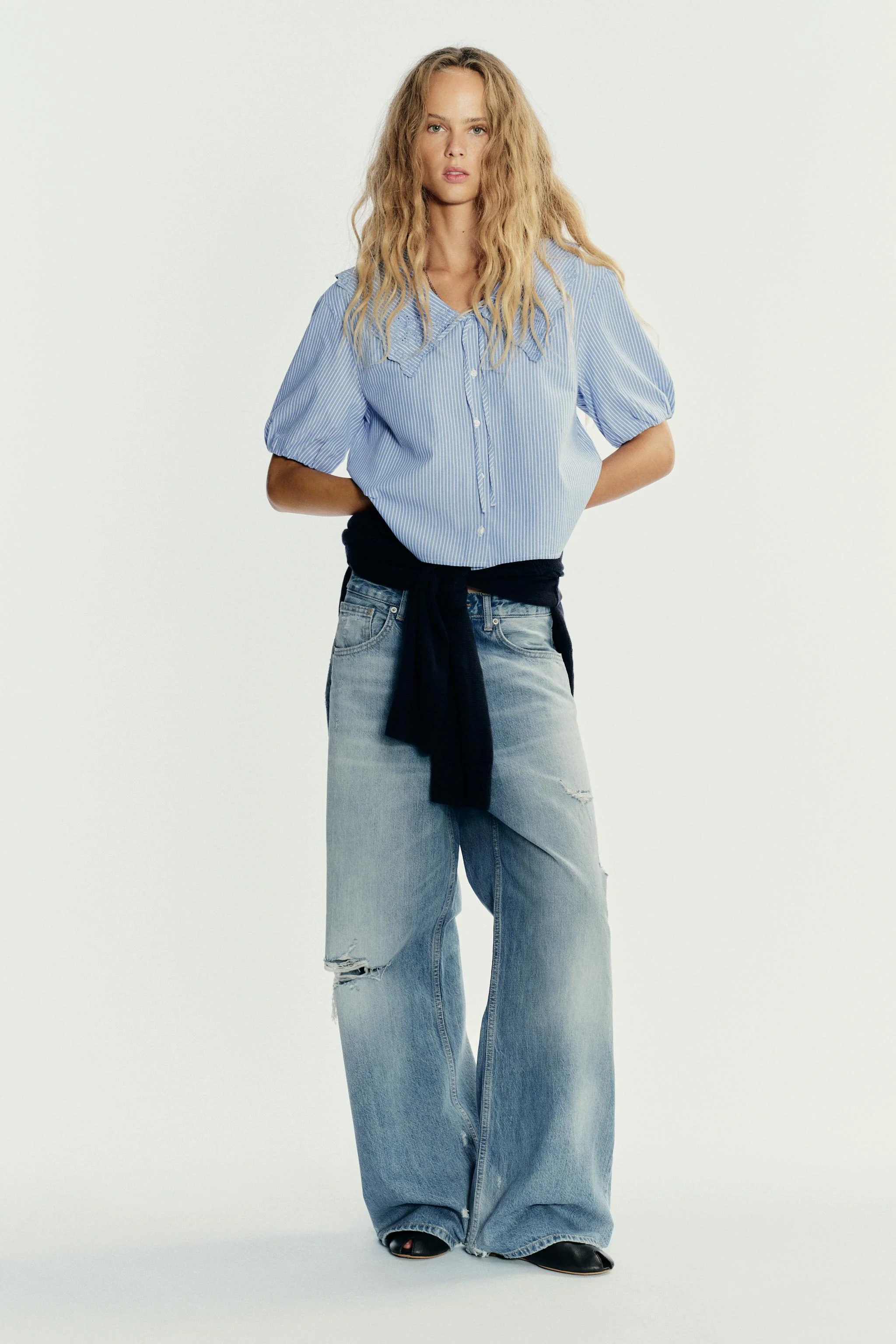 پیراهن یقه پیتر پن راه راه با گلدوزی