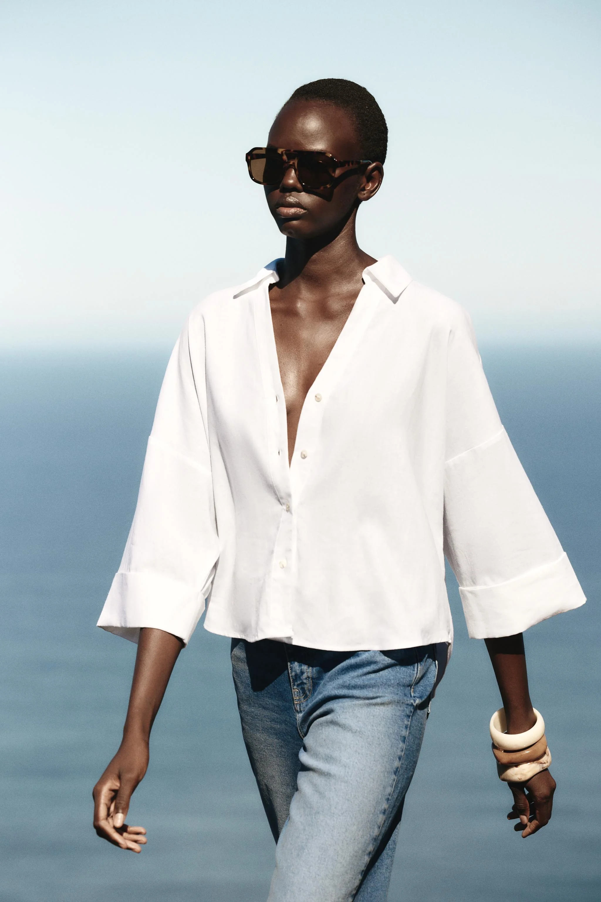 شومیز آستین گشاد با ترکیب پارچه لینن