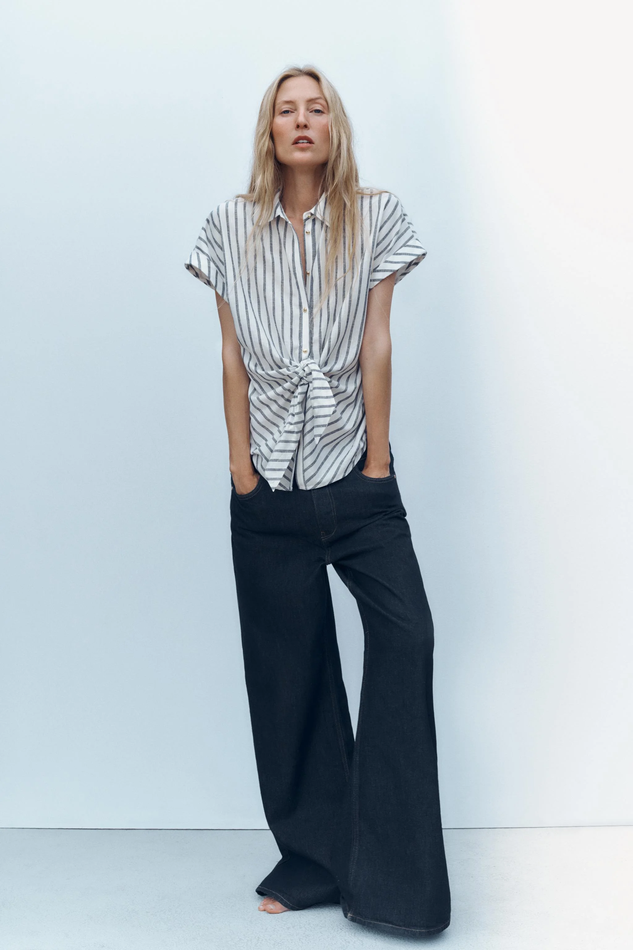 شومیز راه راه با گره از ترکیب پارچه لینن