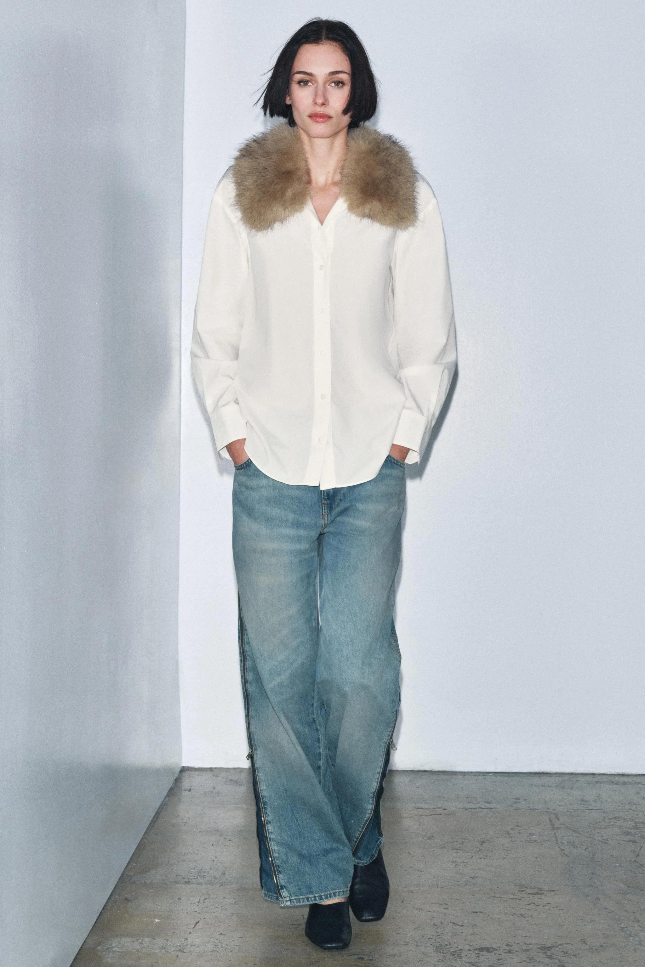 پیراهن پاپلین با یقه خز مصنوعی ZW COLLECTION