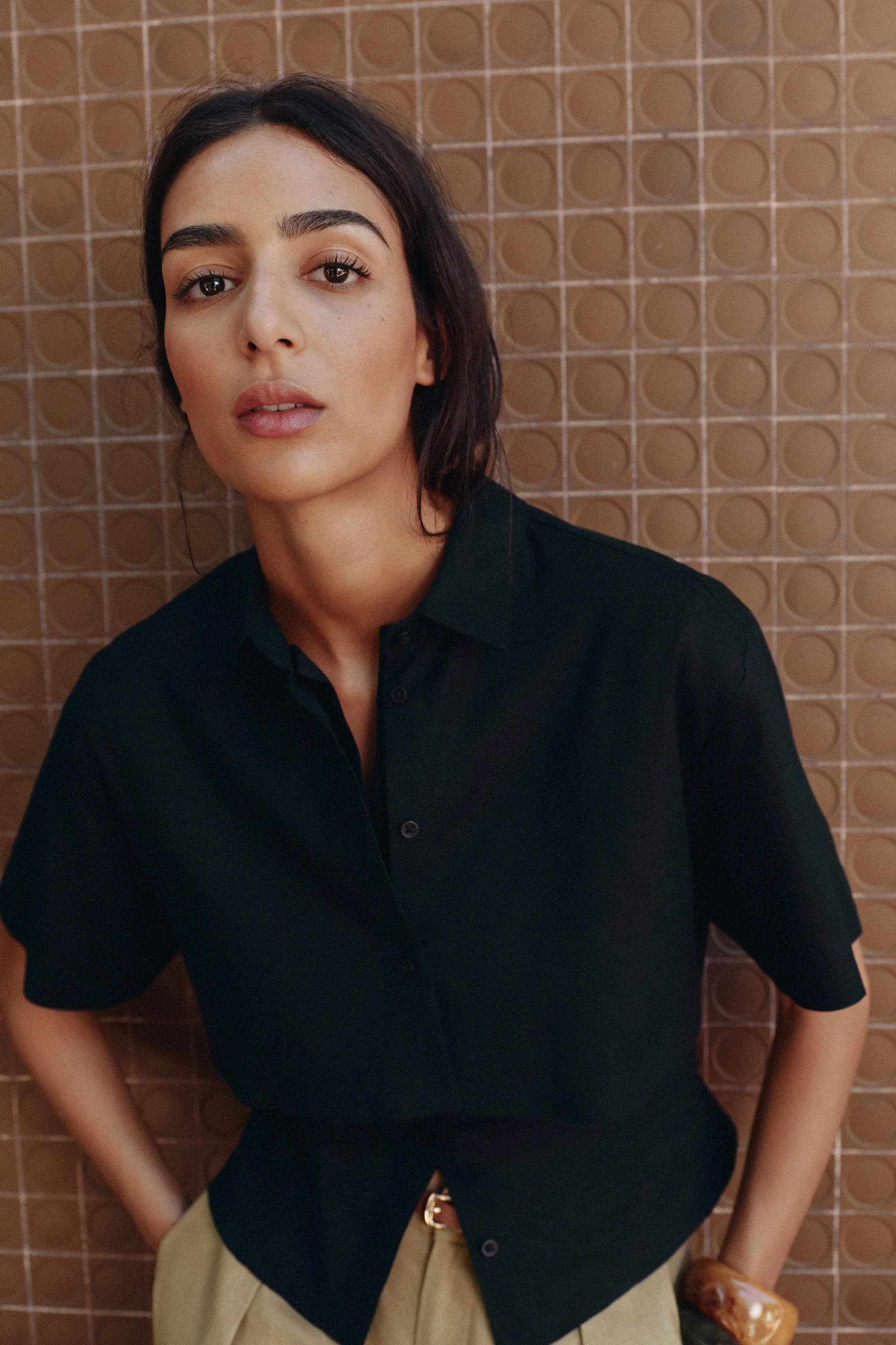 پیراهن دو لایه ترکیبی لینن فیت