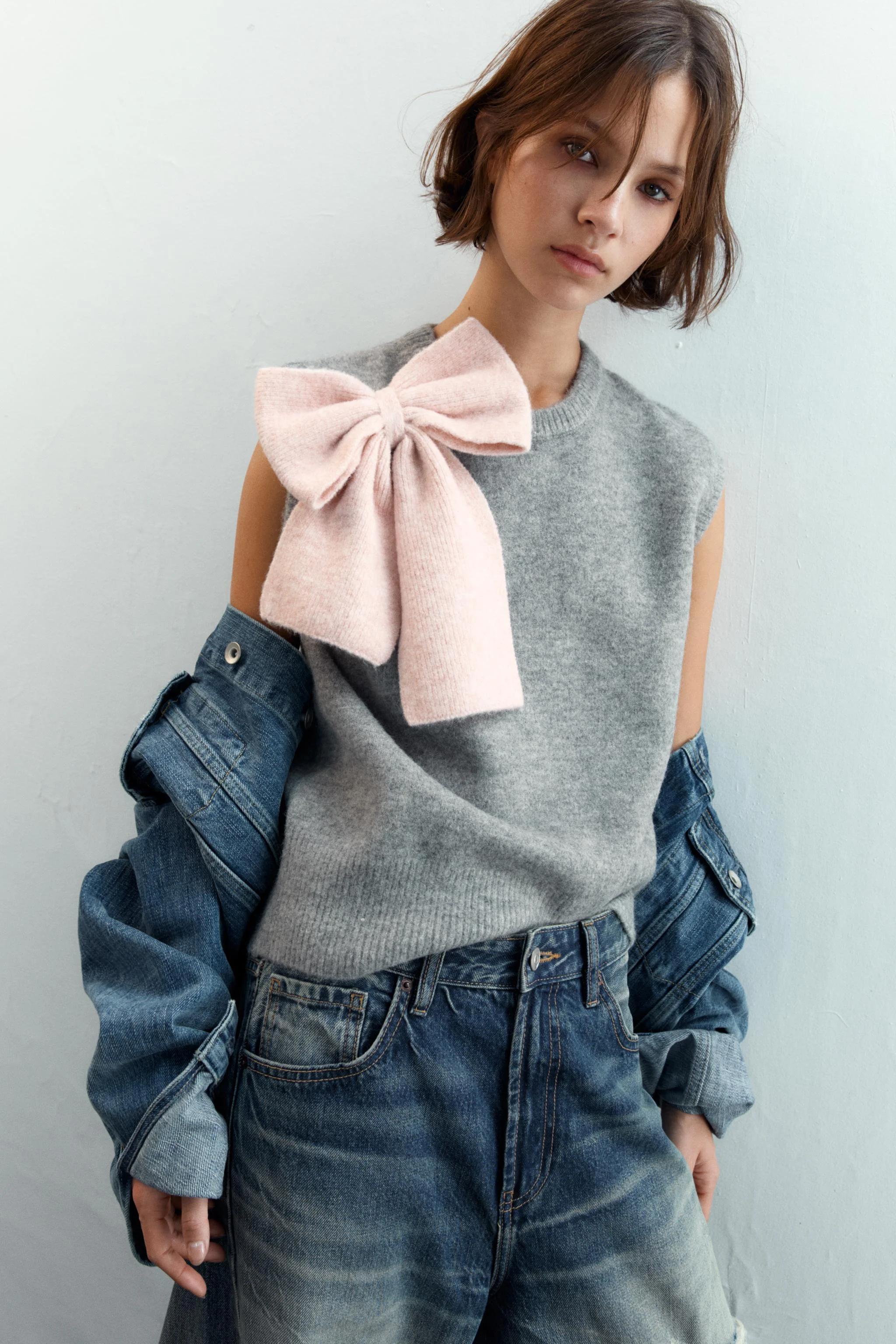 تاپ بافتنی یقه گرد با پاپیون