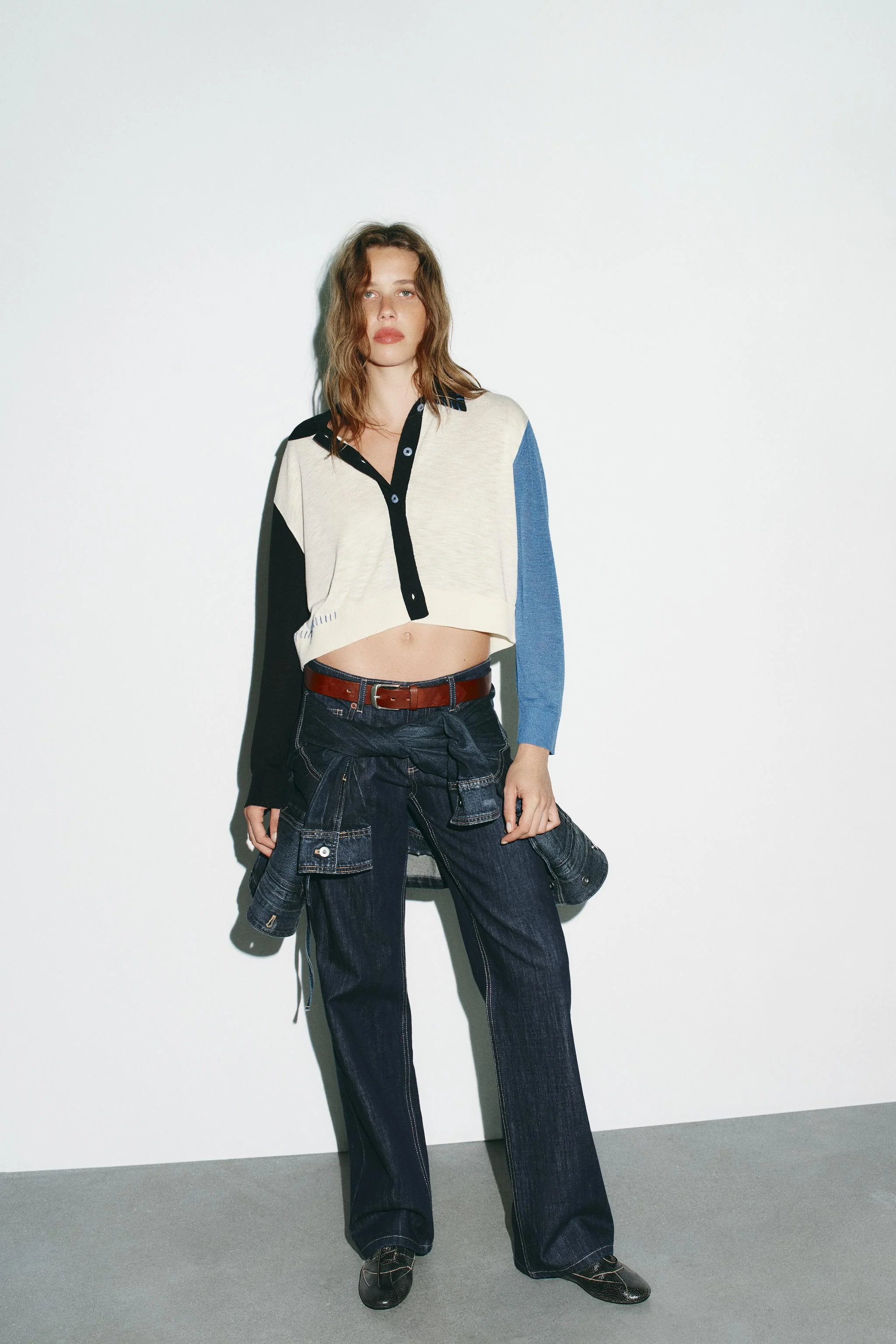 ژاکت بافتنی یقه برگردان با تزیینات متضاد