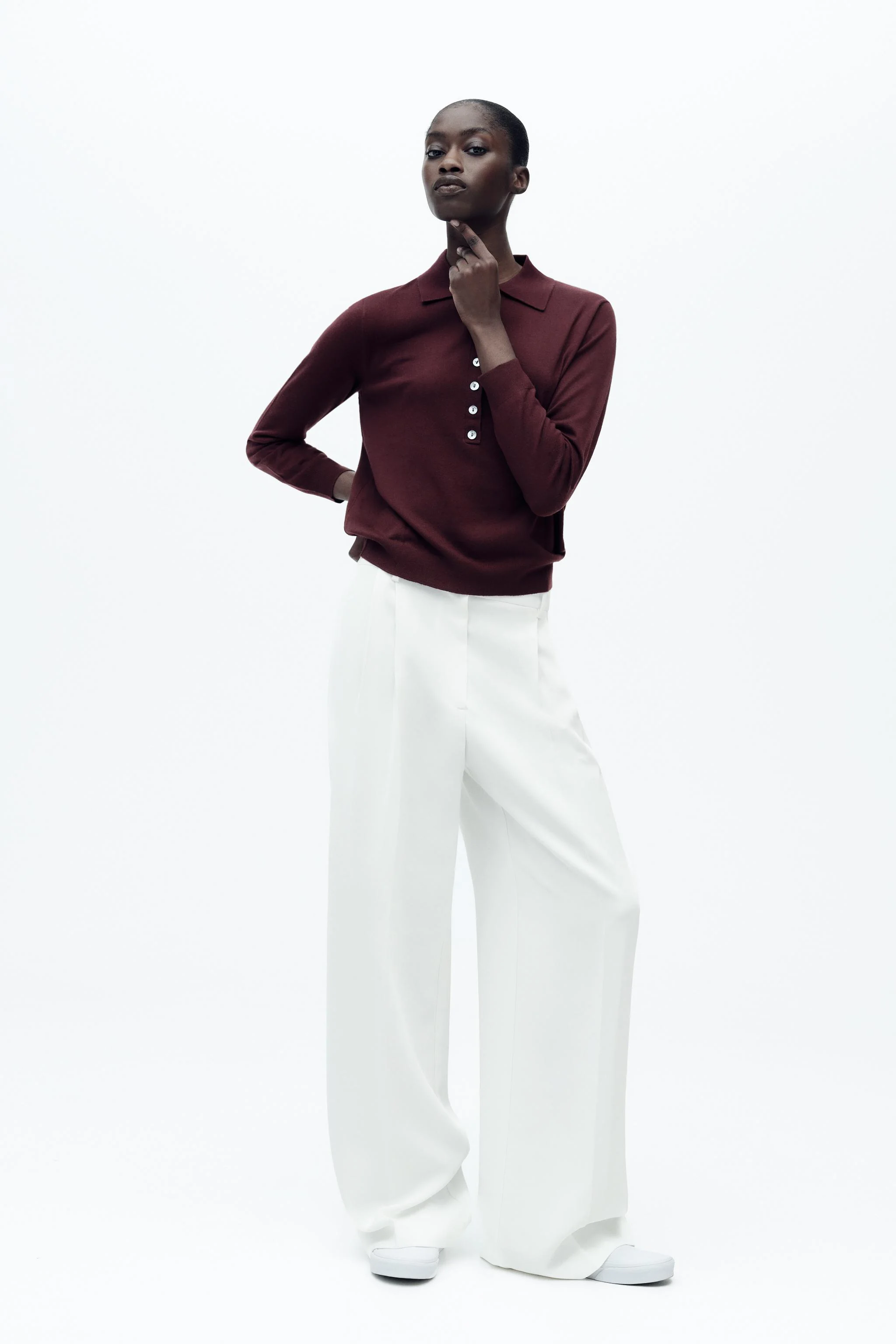 پلیور آستین بلند یقه پولو بافت ساده