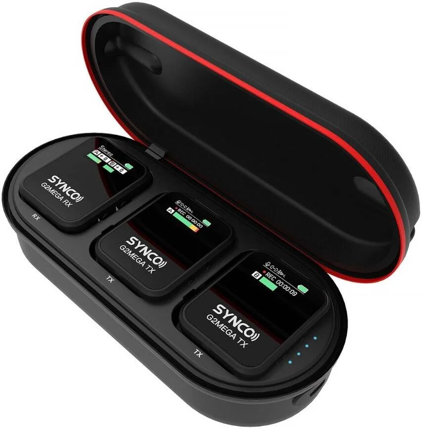 سیستم میکروفون یقه ای بی سیم 2.4 گیگاهرتز Synco WAir-G2-A2 MEGA، نمایشگرهای TFT، حافظه داخلی 8 گیگابایتی، فاصله انتقال 200 متری، 3.5 میلی متری/USB-C، ضبط کننده برای دوربین ها و تلفن های هوشمند، مشکی | G2-A2-MEG-BK