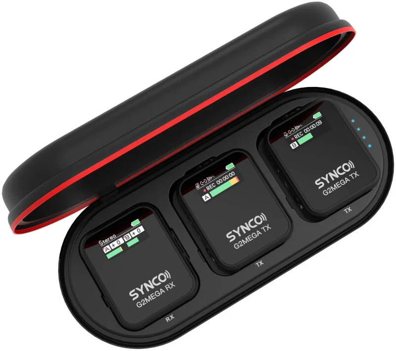 سیستم میکروفون یقه ای بی سیم 2.4 گیگاهرتز Synco WAir-G2-A2 MEGA، نمایشگرهای TFT، حافظه داخلی 8 گیگابایتی، فاصله انتقال 200 متری، 3.5 میلی متری/USB-C، ضبط کننده برای دوربین ها و تلفن های هوشمند، مشکی | G2-A2-MEG-BK