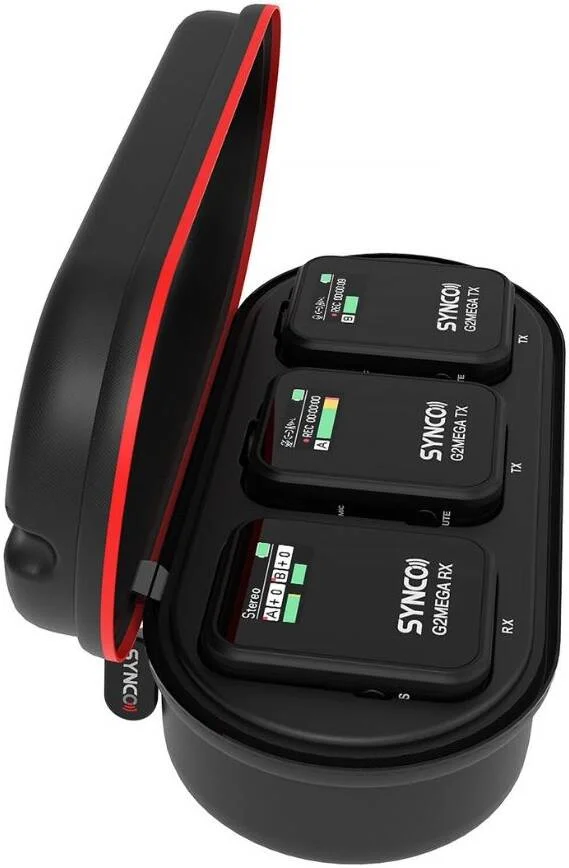 سیستم میکروفون یقه ای بی سیم 2.4 گیگاهرتز Synco WAir-G2-A2 MEGA، نمایشگرهای TFT، حافظه داخلی 8 گیگابایتی، فاصله انتقال 200 متری، 3.5 میلی متری/USB-C، ضبط کننده برای دوربین ها و تلفن های هوشمند، مشکی | G2-A2-MEG-BK