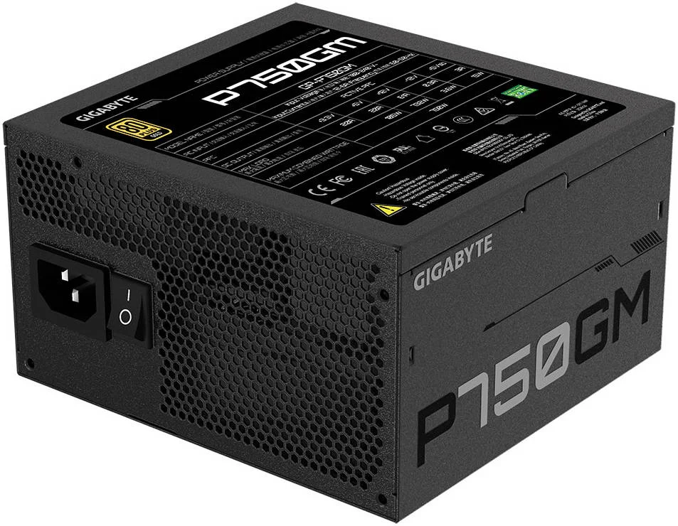 منبع تغذیه 750 واتی گیگابایت مدل P750GM، ATX، کاملاً ماژولار، دارای گواهینامه 80 پلاس گلد، فن بلبرینگ هیدرولیک هوشمند 120 میلی‌متری، خازن‌های ژاپنی، ریل تک +12 ولت قدرتمند، مشکی | GP-P750GM