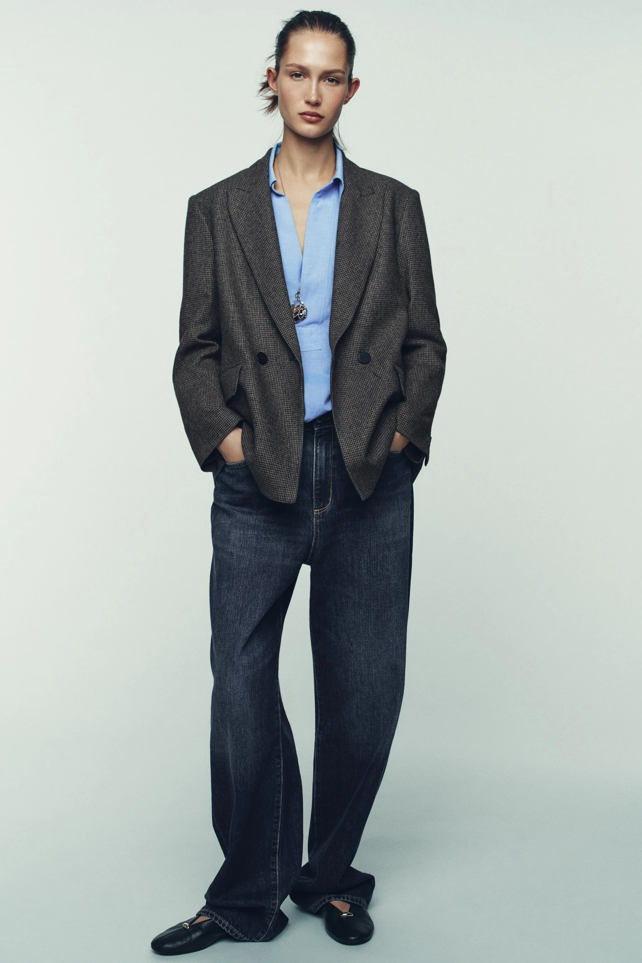 کت بلیزر چهارخانه اورسایز دو دکمه پشمی