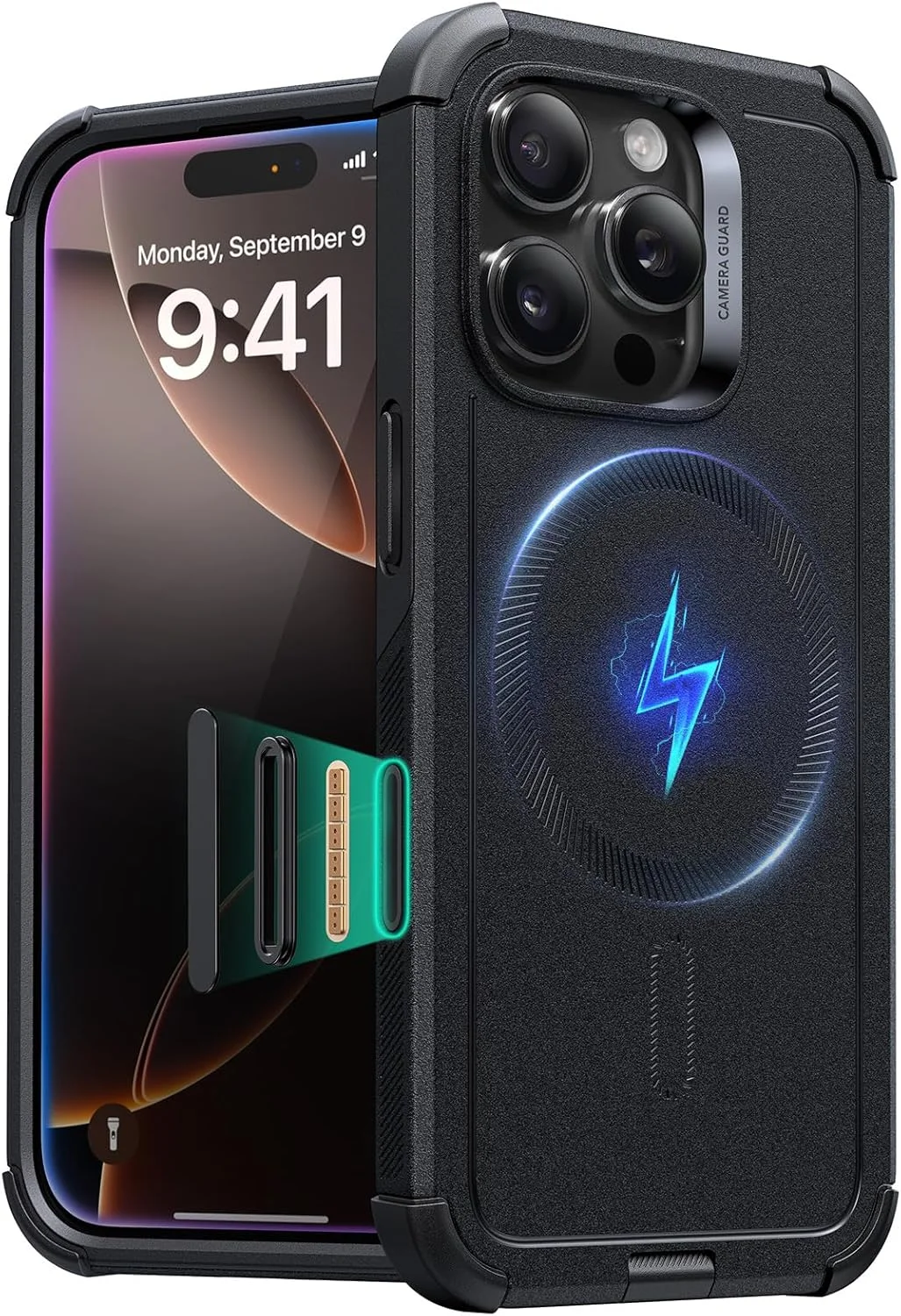 قاب محافظ ای اس آر مناسب برای آیفون 16 پرو، محافظت 7 برابری در برابر سقوط، پوشش مقاوم با قابلیت جذب ضربه به همراه دکمه کنترل دوربین، سازگار با لوازم جانبی مگ‌سیف، سری سایبر، مشکی