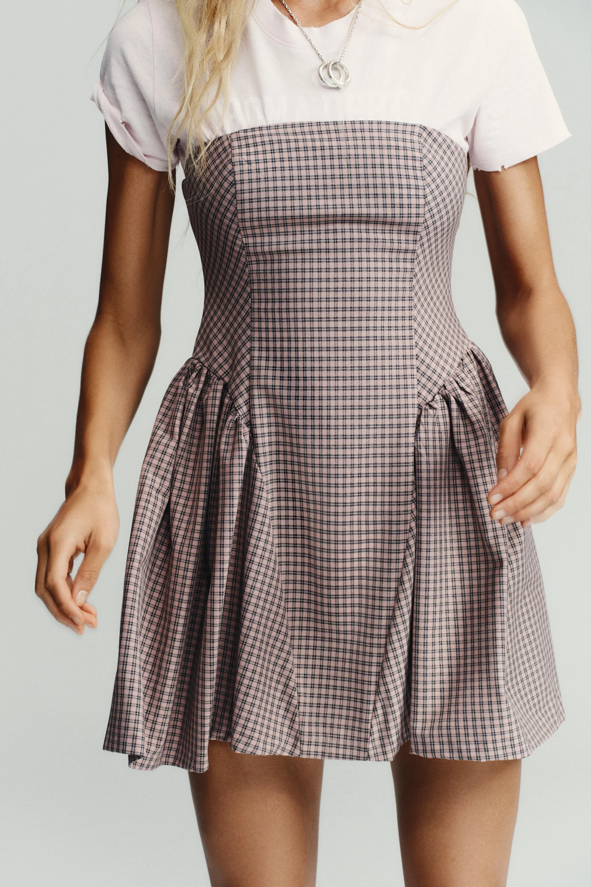 پیراهن کوتاه طرح شطرنجی یقه باز