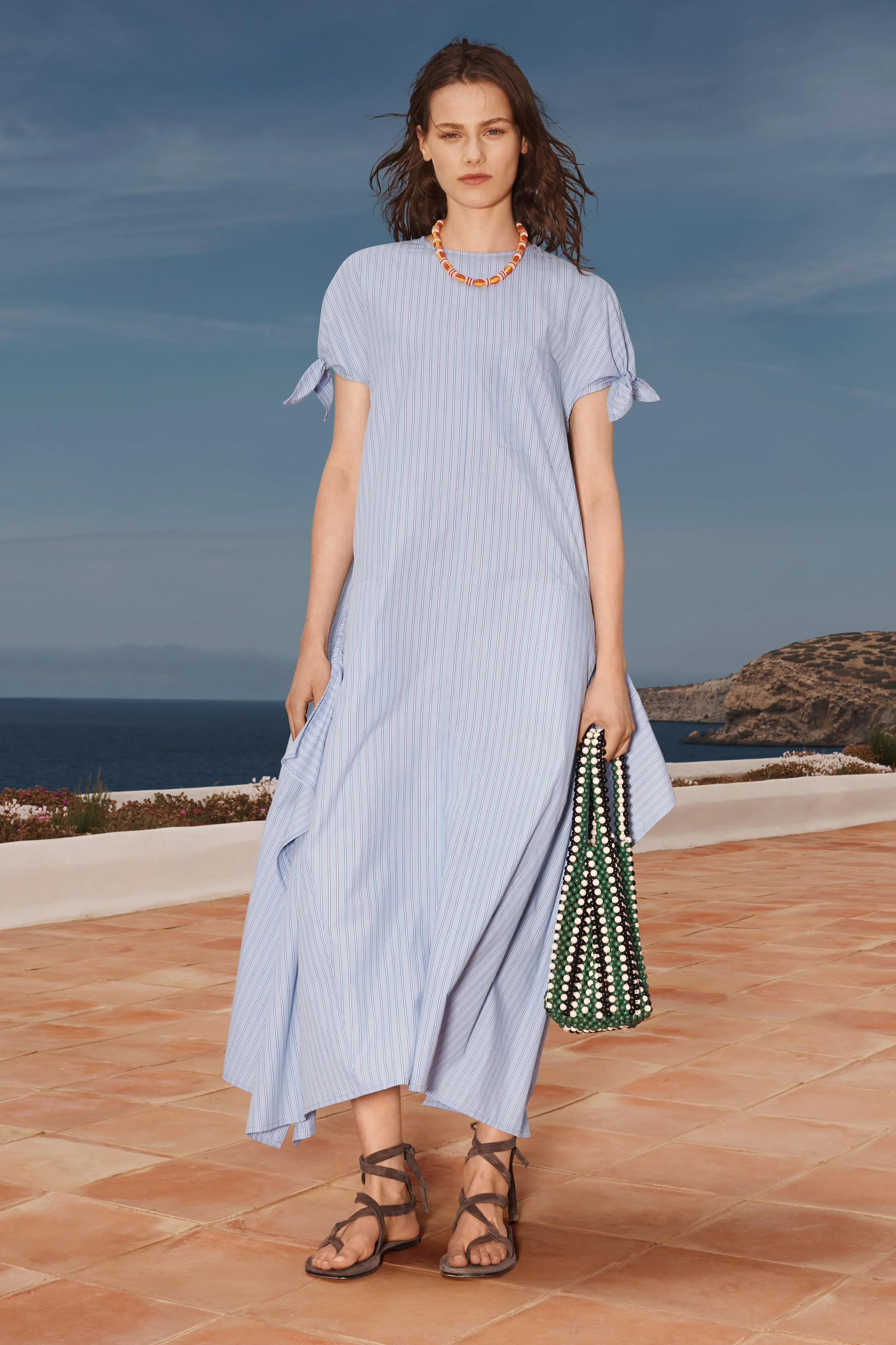 پیراهن میدی راه راه با برش نامتقارن