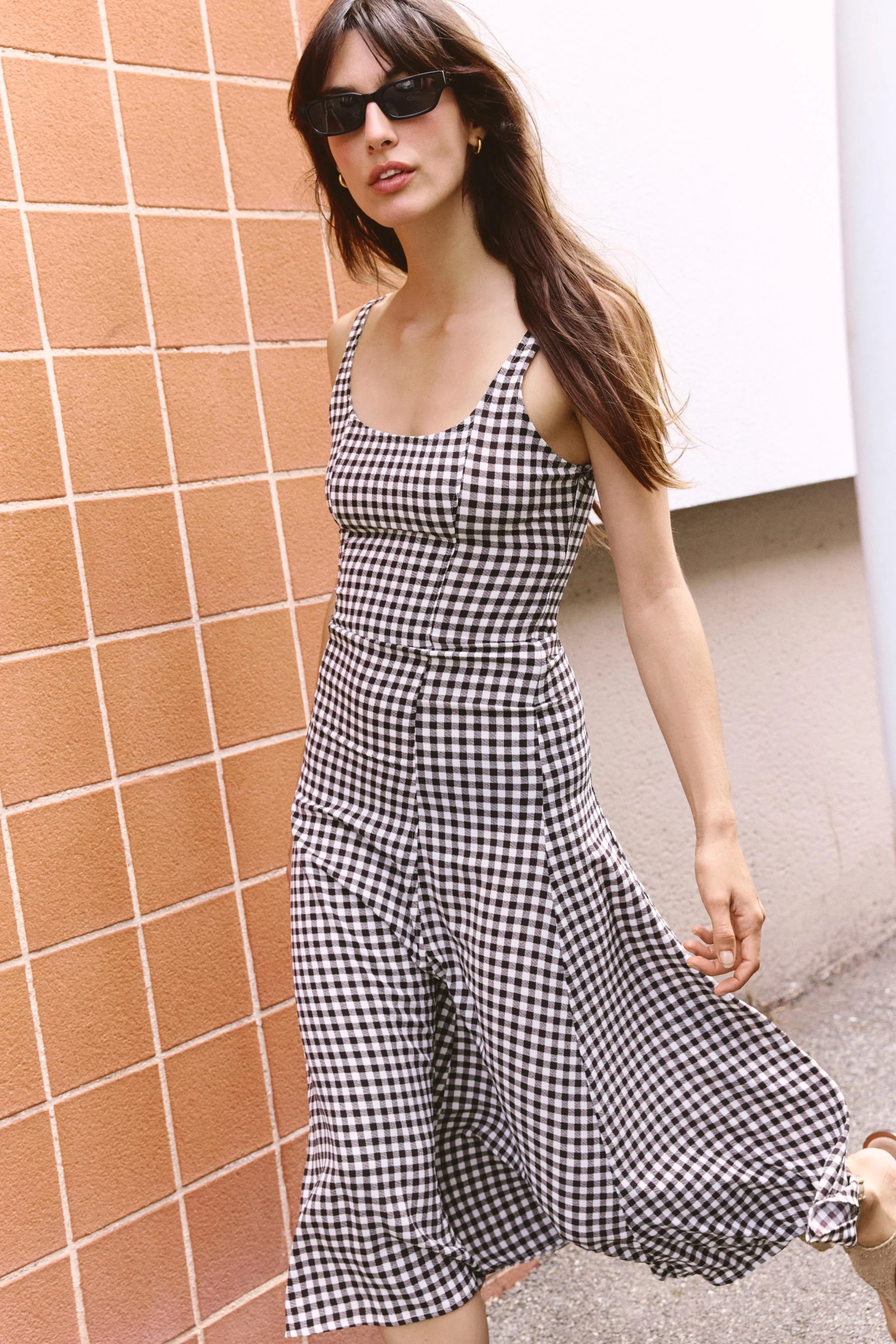 پیراهن میدی چهارخانه یقه گرد با بند