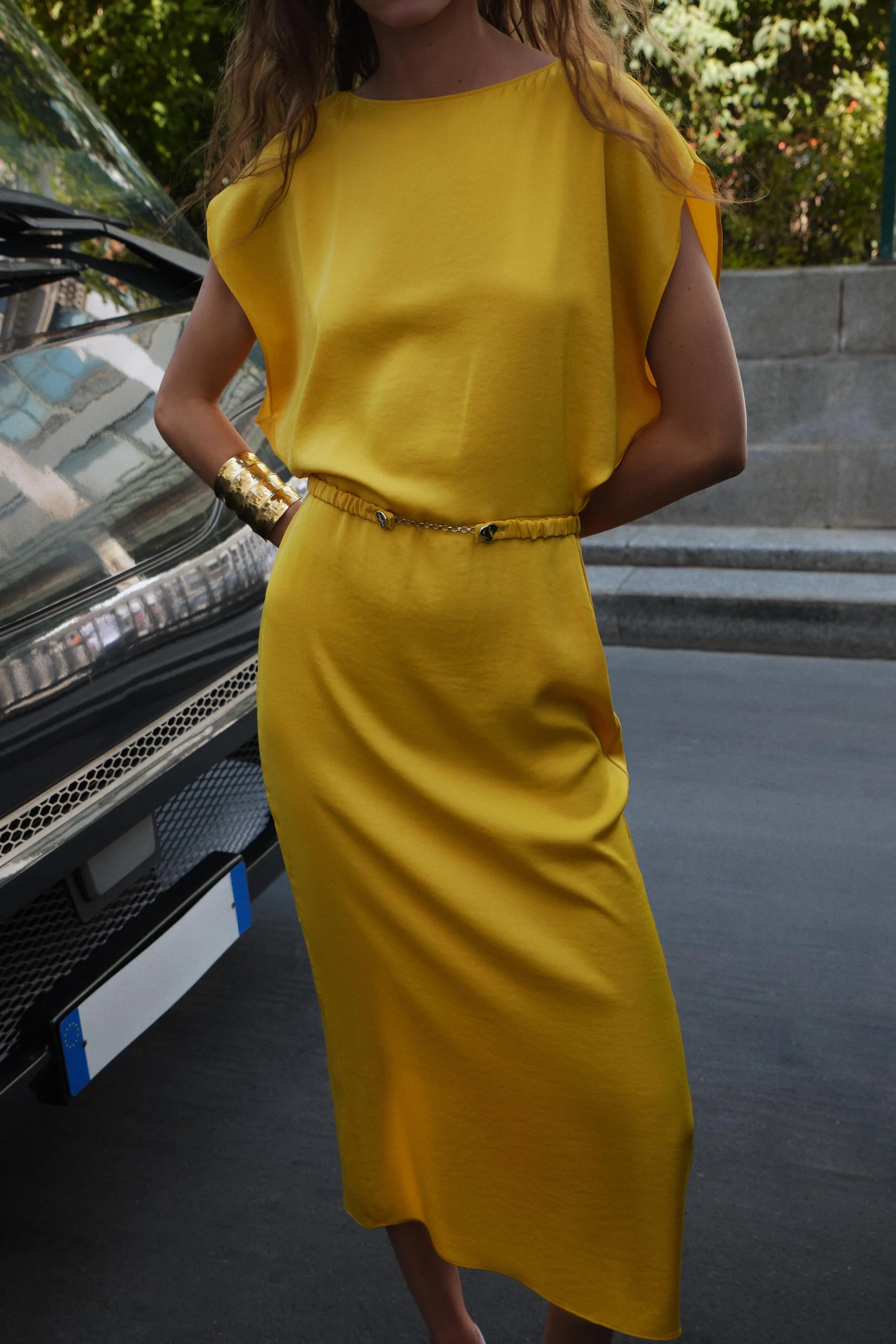 پیراهن میدی ساتن کمربند دار