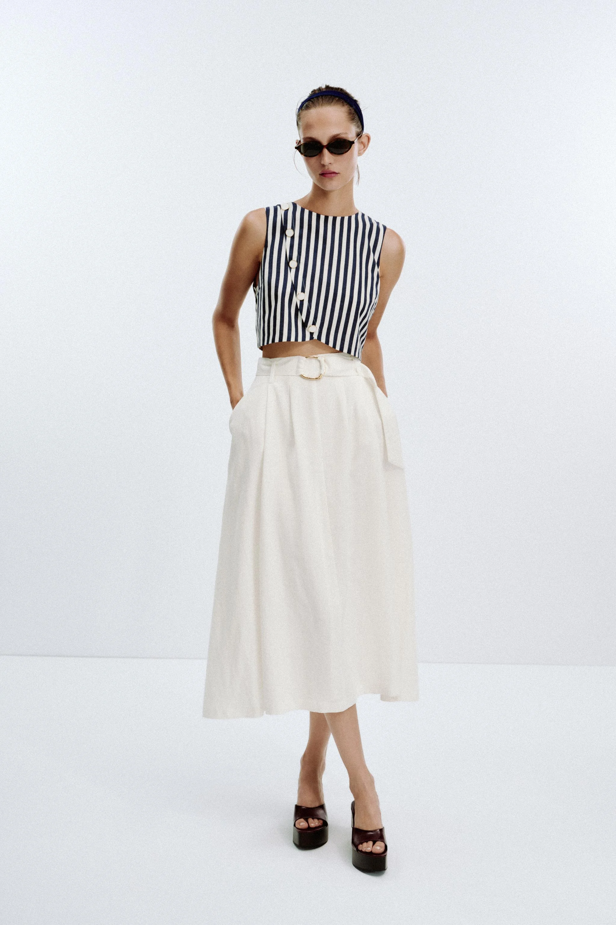 پیراهن بلند ترکیبی از کتان کمربند دار