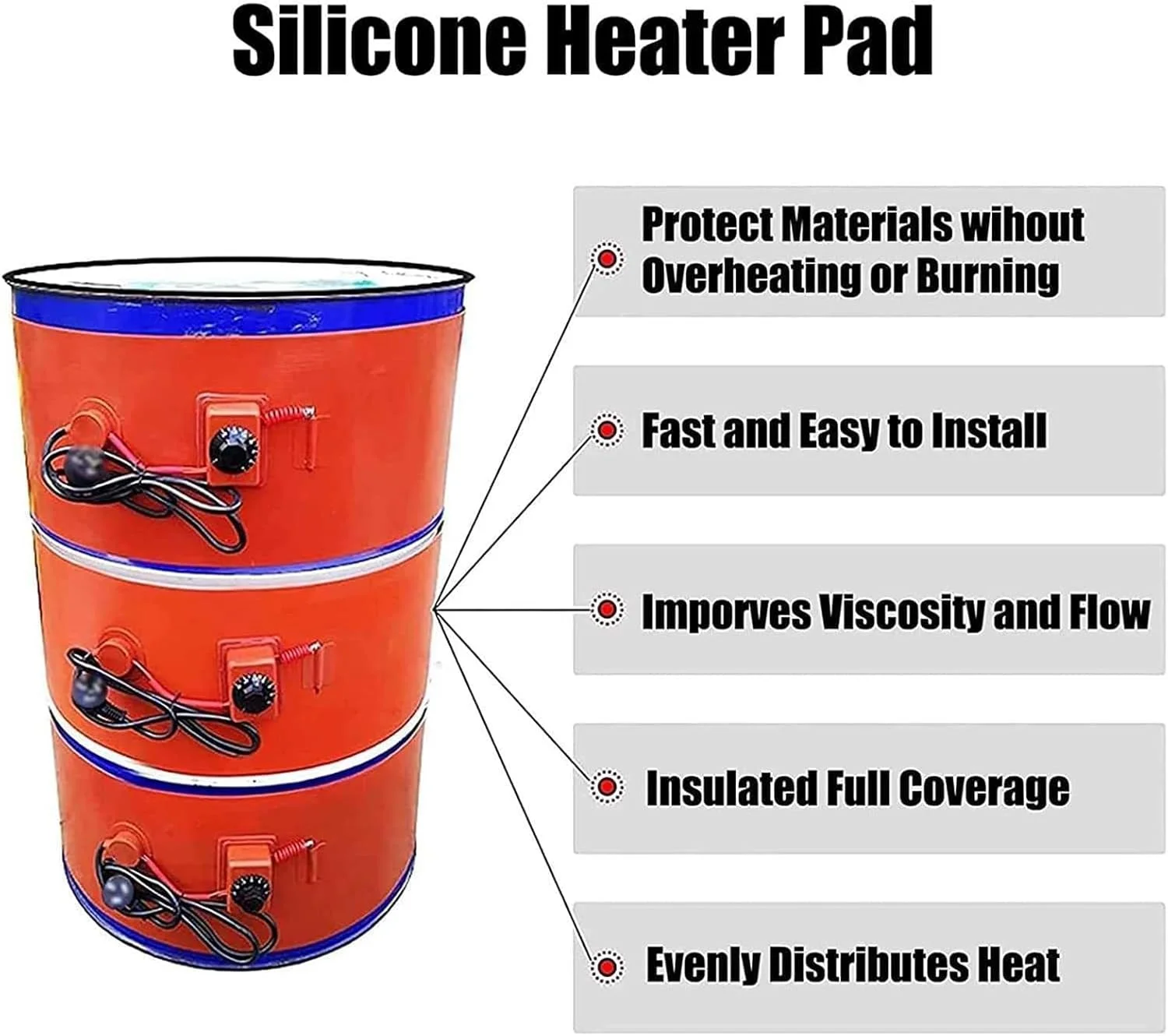 گرمکن فلزی بشکه، پد گرمایش سیلیکونی برقی 2000 وات با ترموستات، کمربند گرمکن بشکه روغن 200 لیتری، پد گرمکن سیلیکونی انعطاف پذیر برای شیرآلات، ابزار دقیق، مخازن، گرمکن مخزن گریس، 30-150 درجه سانتیگراد