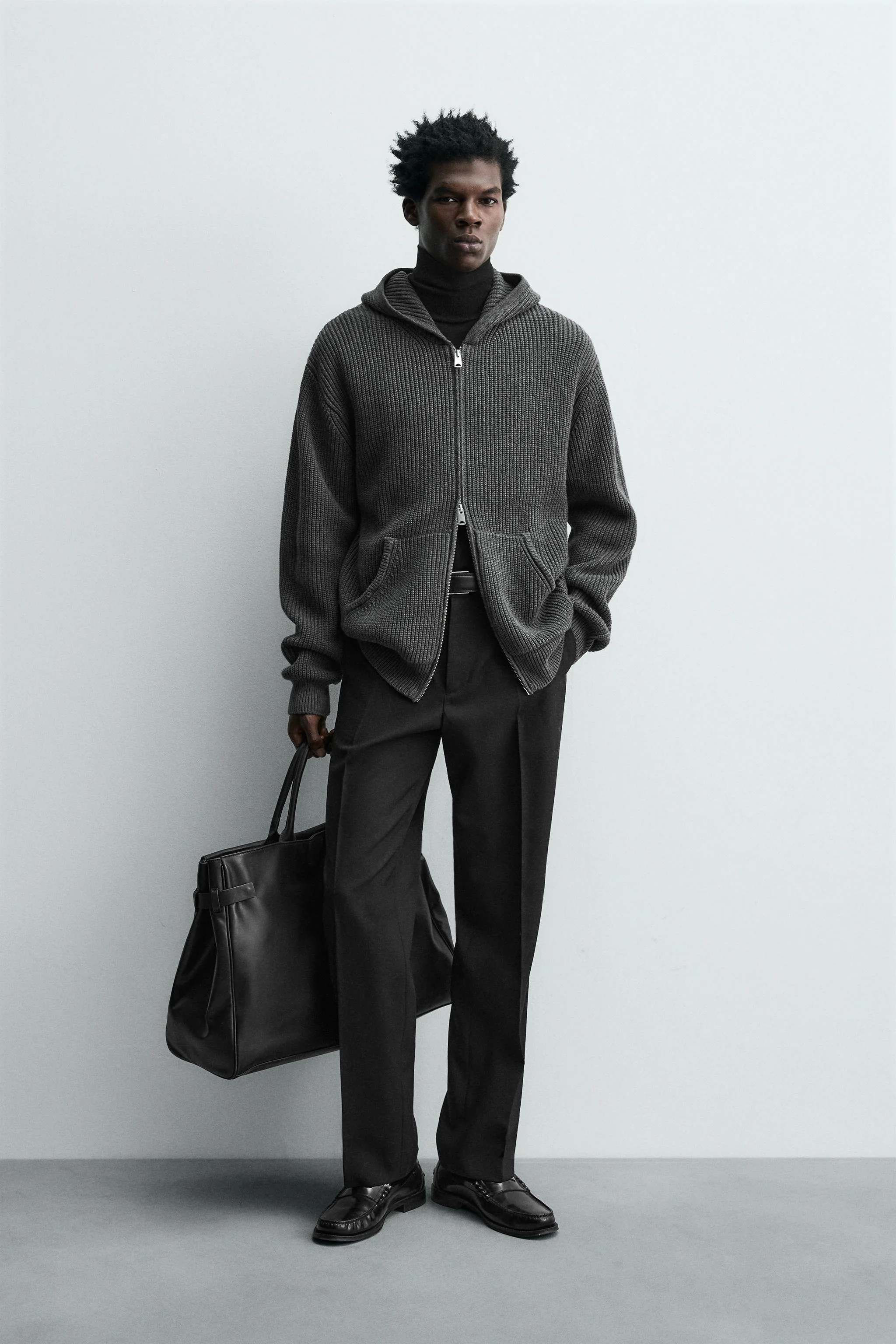 ژاکت بافتنی کلاه دار با ترکیب پنبه و پشم