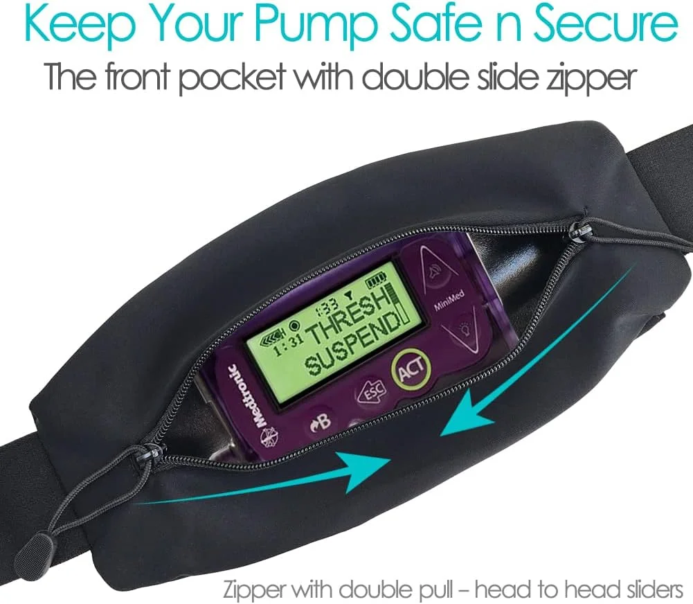 کمربند پمپ انسولین با کیف زیپی دو طرفه، نگهدارنده پزشکی برای دیابت نوع 1، کمربند قابل تنظیم دور کمر، لوازم جانبی سبک وزن برای لوله، قلم اپی نفرین، مردان، زنان، بزرگسالان، مشکی