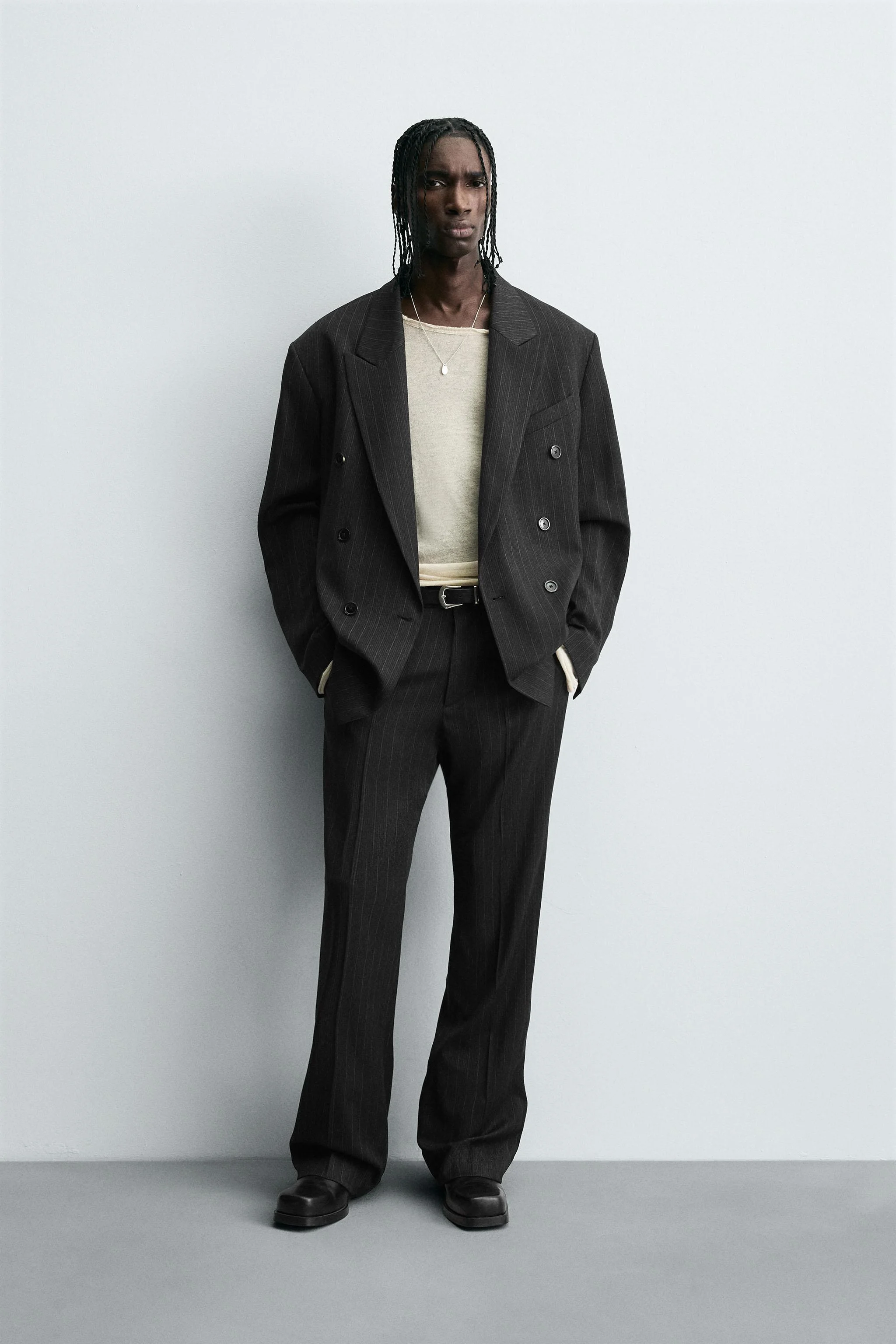 کت راه راه یقه انگلیسی دکمه دوبل