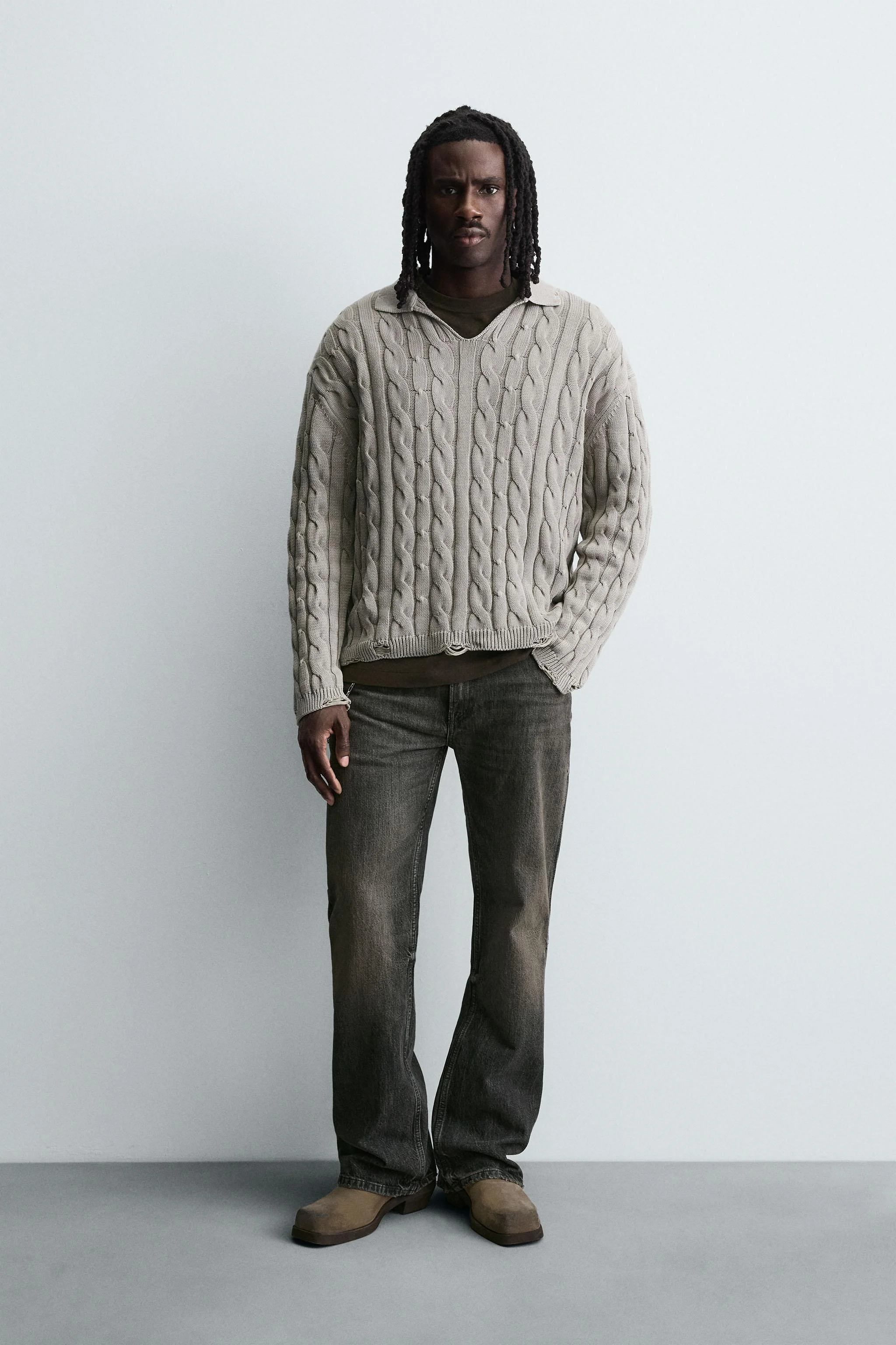 پولوشرت بافتنی کابلی با افکت کهنگی