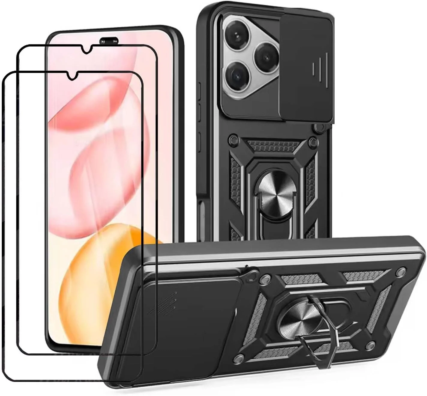 لوکیون [1+2 عدد] سازگار با قاب گوشی آنر 400 پرو و محافظ صفحه نمایش شیشه ای حرارت دیده، دارای حلقه استند و پوشش کشویی دوربین با استند، مقاوم در برابر سقوط، محافظ سنگین