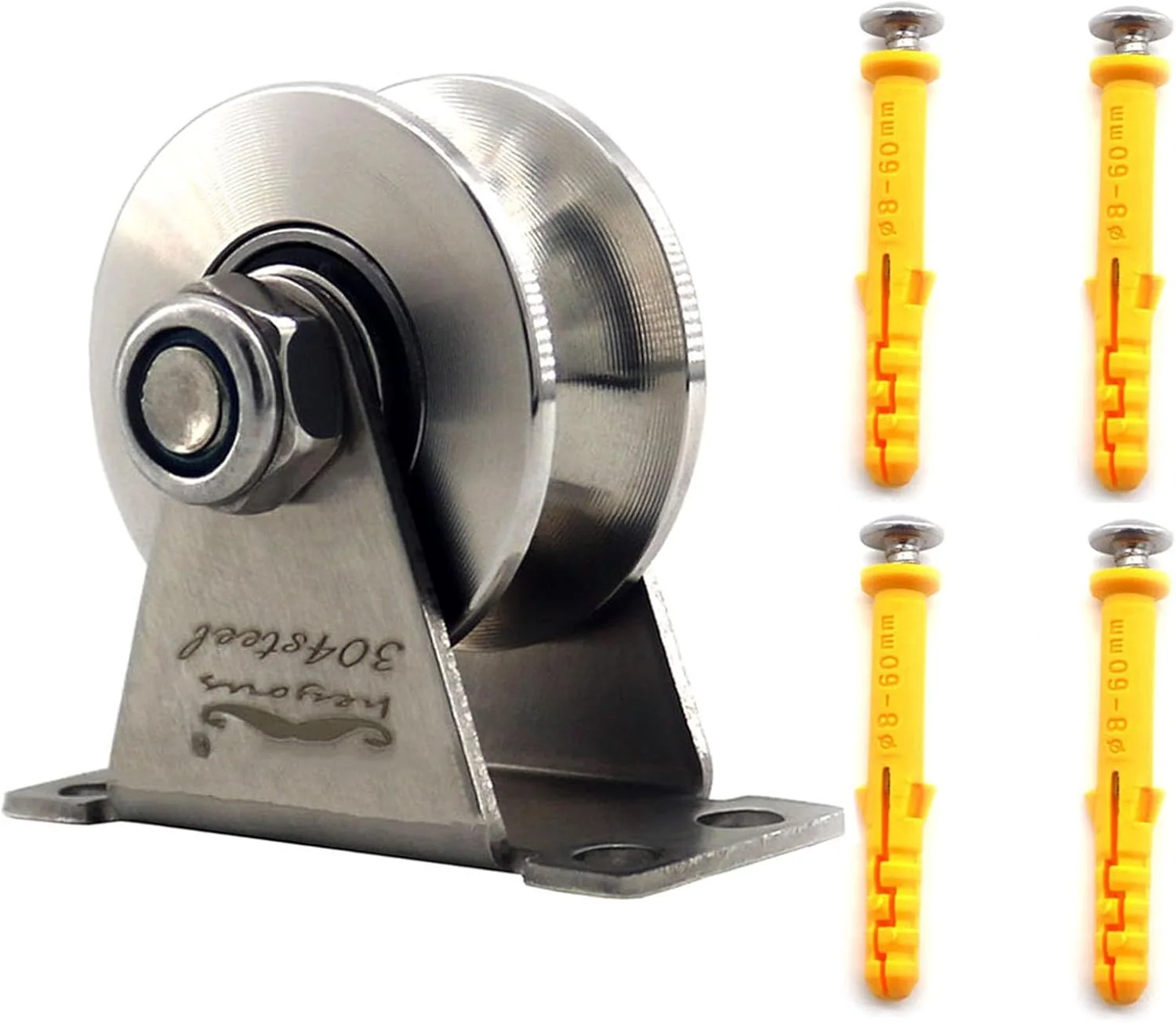 بلوک قرقره استیل ضد زنگ Heyous، قرقره تک چرخ گردان با پیچ های نصب و لوله های انبساطی برای طناب سیمی، نوع شیار U/V مدل SSPULLEY-FM1-U