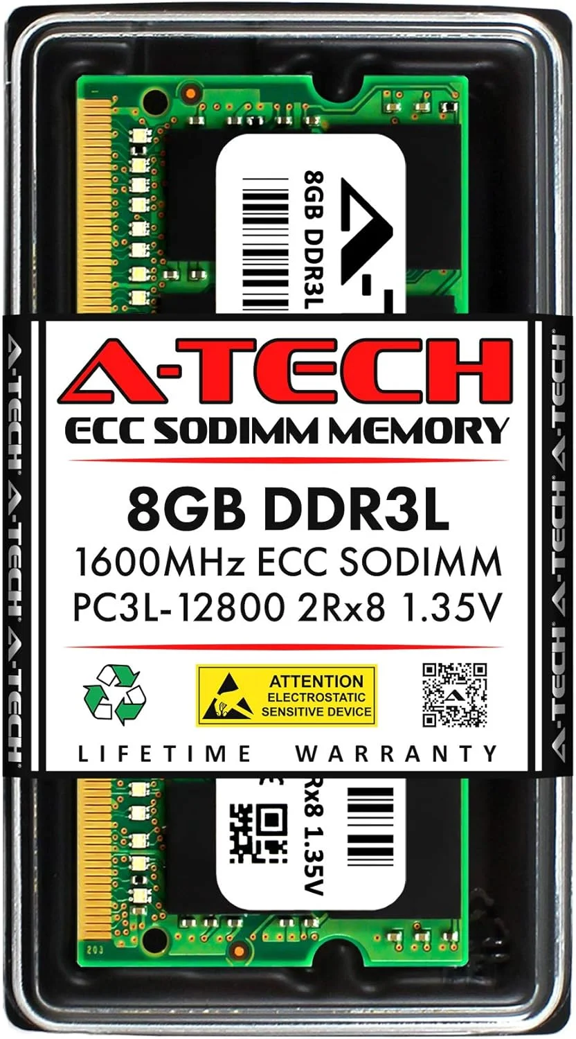 ماژول حافظه ۸ گیگابایتی A-Tech ECC Unbuffered SODIMM، ۲۰۰ پین DDR3 / DDR3L ۱۶۰۰ مگاهرتز PC3-12800 2Rx8 1.35V ولتاژ پایین، دو ردیفه، مناسب برای ارتقاء رم سرورهای شبکه
