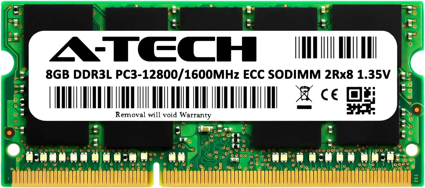 ماژول حافظه ۸ گیگابایتی A-Tech ECC Unbuffered SODIMM، ۲۰۰ پین DDR3 / DDR3L ۱۶۰۰ مگاهرتز PC3-12800 2Rx8 1.35V ولتاژ پایین، دو ردیفه، مناسب برای ارتقاء رم سرورهای شبکه