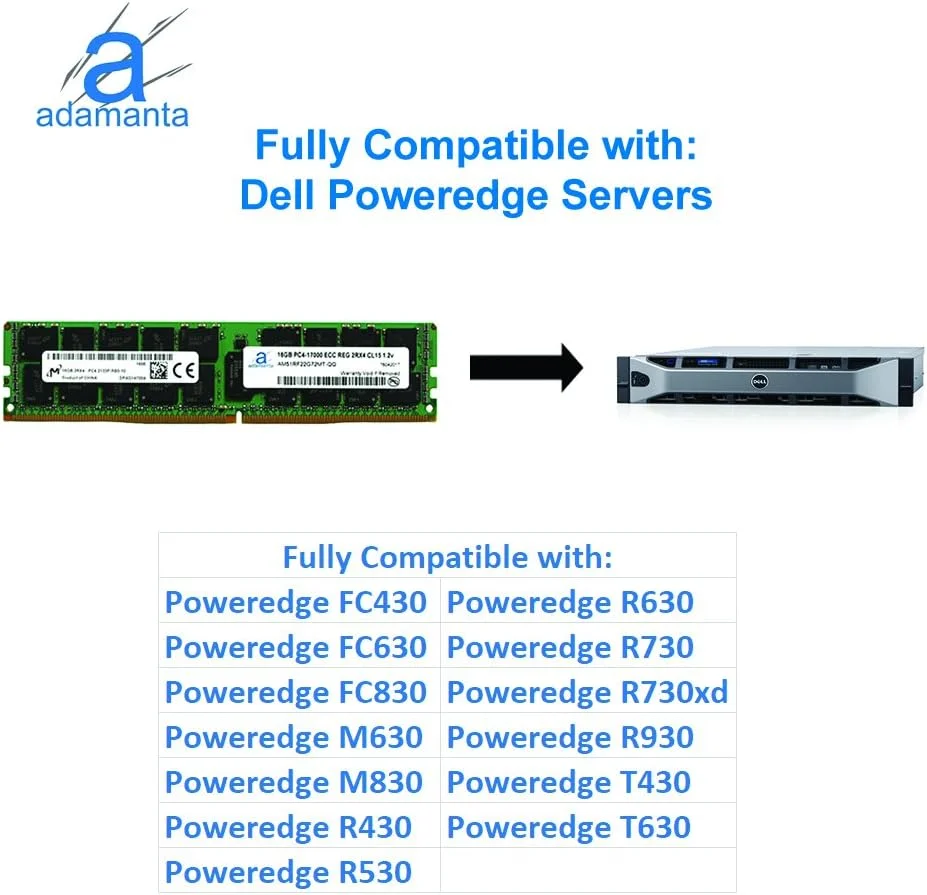 آدامانتا میکرون اورجینال 16 گیگابایت (1x16GB) ارتقاء حافظه سرور برای سرورهای Dell Poweredge، Dell Precision و HP Proliant پردازنده DDR4 2133MHz PC4-17000 ECC Registered Chip 2Rx4 CL15 1.2V RAM