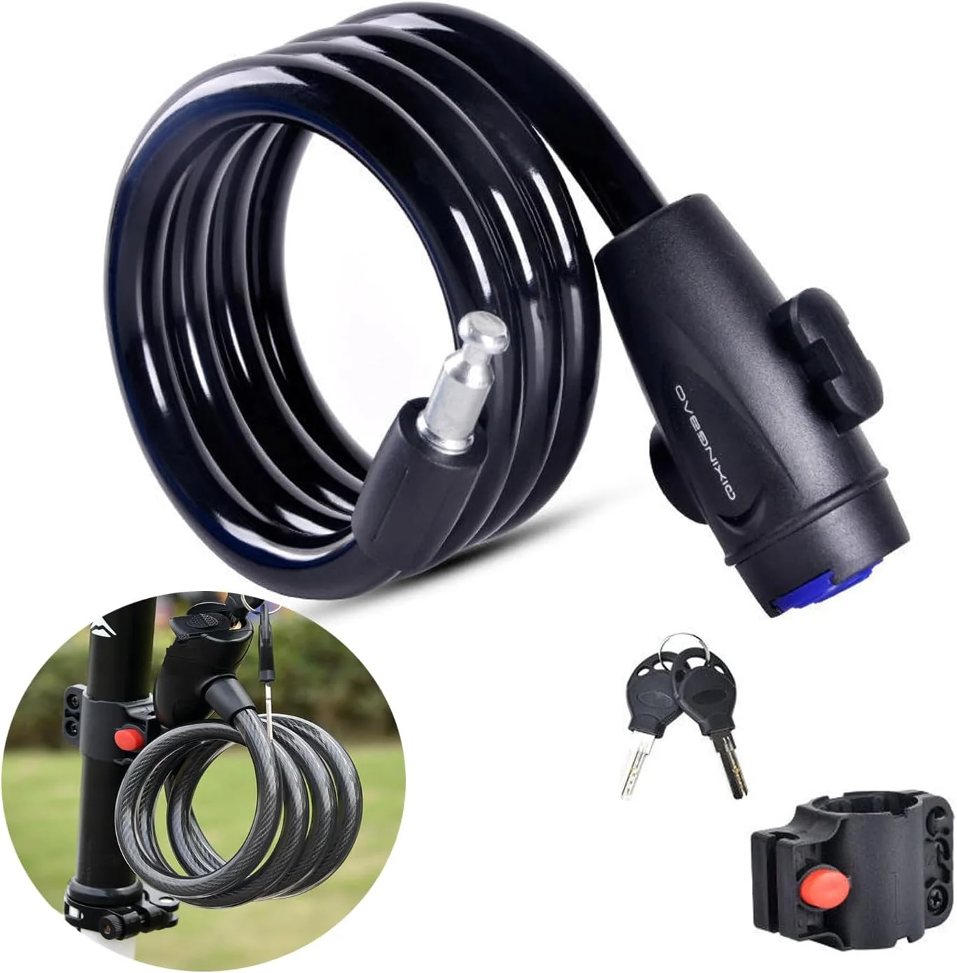 قفل دوچرخه با 2 عدد کلید، قفل کابلی 1.2 متری دوچرخه، قفل کابلی ضخیم دوچرخه، قفل کابلی مقاوم برای ضد سرقت قوی دوچرخه، همراه با 1 عدد براکت نصب.