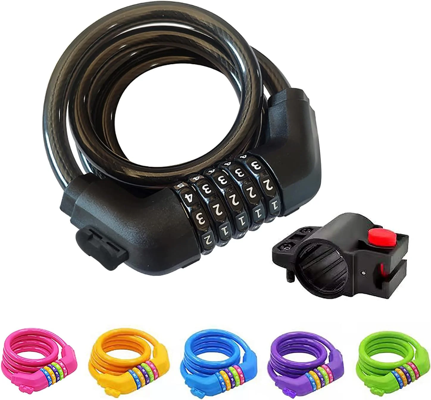 قفل کابلی دوچرخه با بست نصب، قفل کابلی دوچرخه با رمز 5 رقمی، قفل کابلی دوچرخه طول 120 سانتی متر (مشکی)