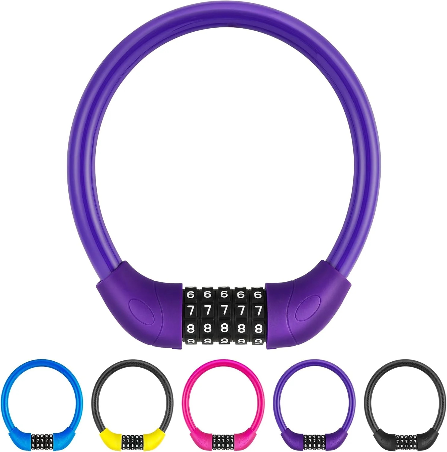 قفل کابلی دوچرخه IDEALUX با رمز 5 رقمی، سر قفل بزرگ و پین قفل فلزی با هسته مسی، قفل کابلی قابل تنظیم مجدد برای دوچرخه کودکان، 20 اینچ در ∅0.8 اینچ بنفش